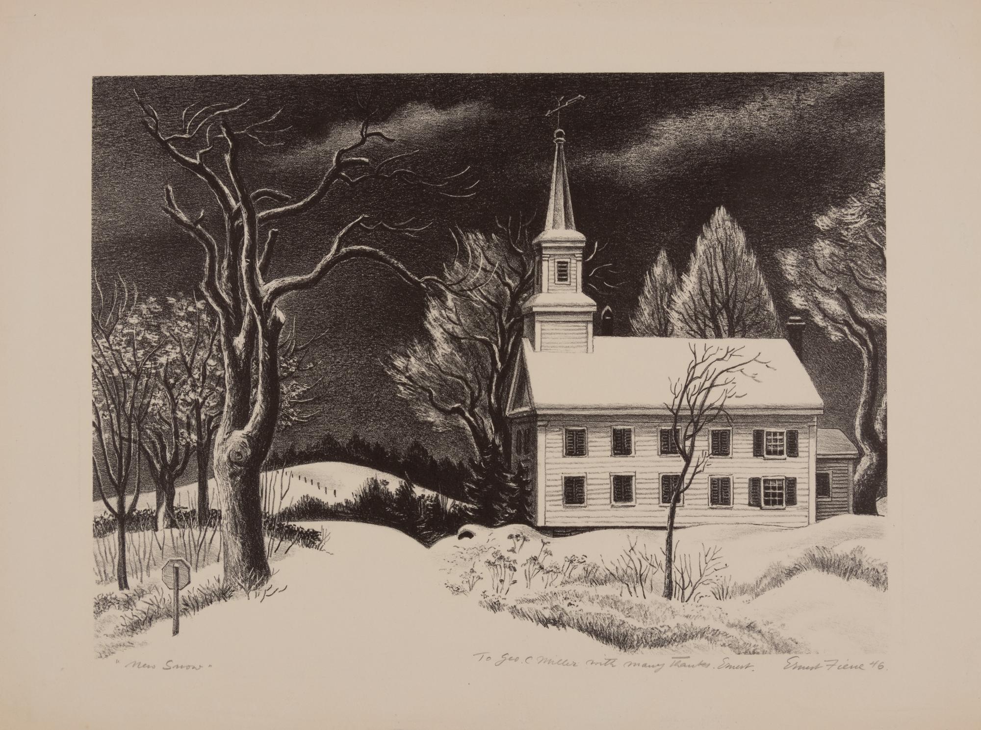 A group of four American prints (Ernest Fiene, New Snow ; Ernest Fiene, Rural Village ; Kyra Markham; Winter Twilight ; Ronau Woiceske, Winter Chores)