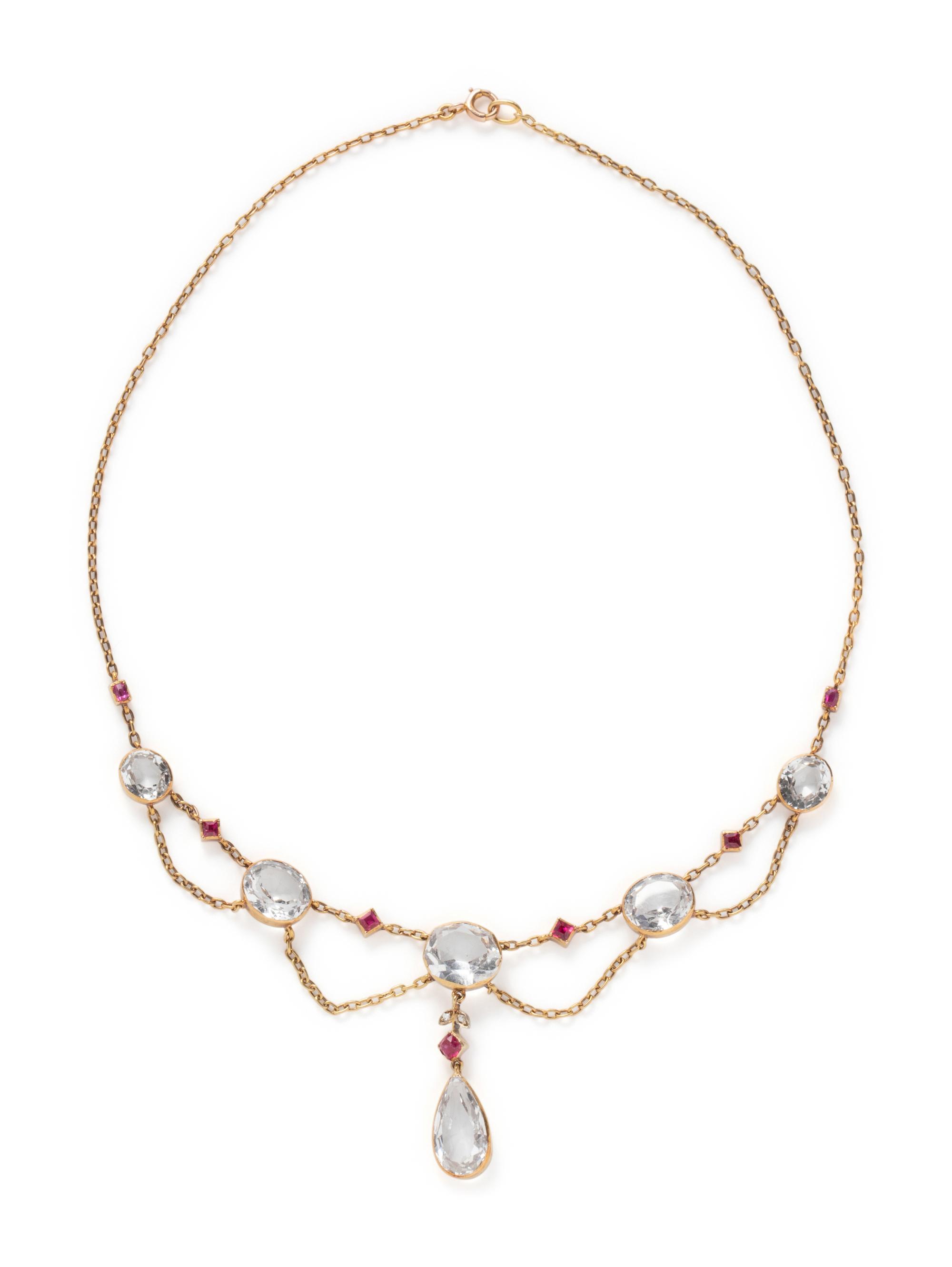 ANTIQUE, YELLOW GOLD, TOPAZ, RUBY AND DIAMOND NECKLACE