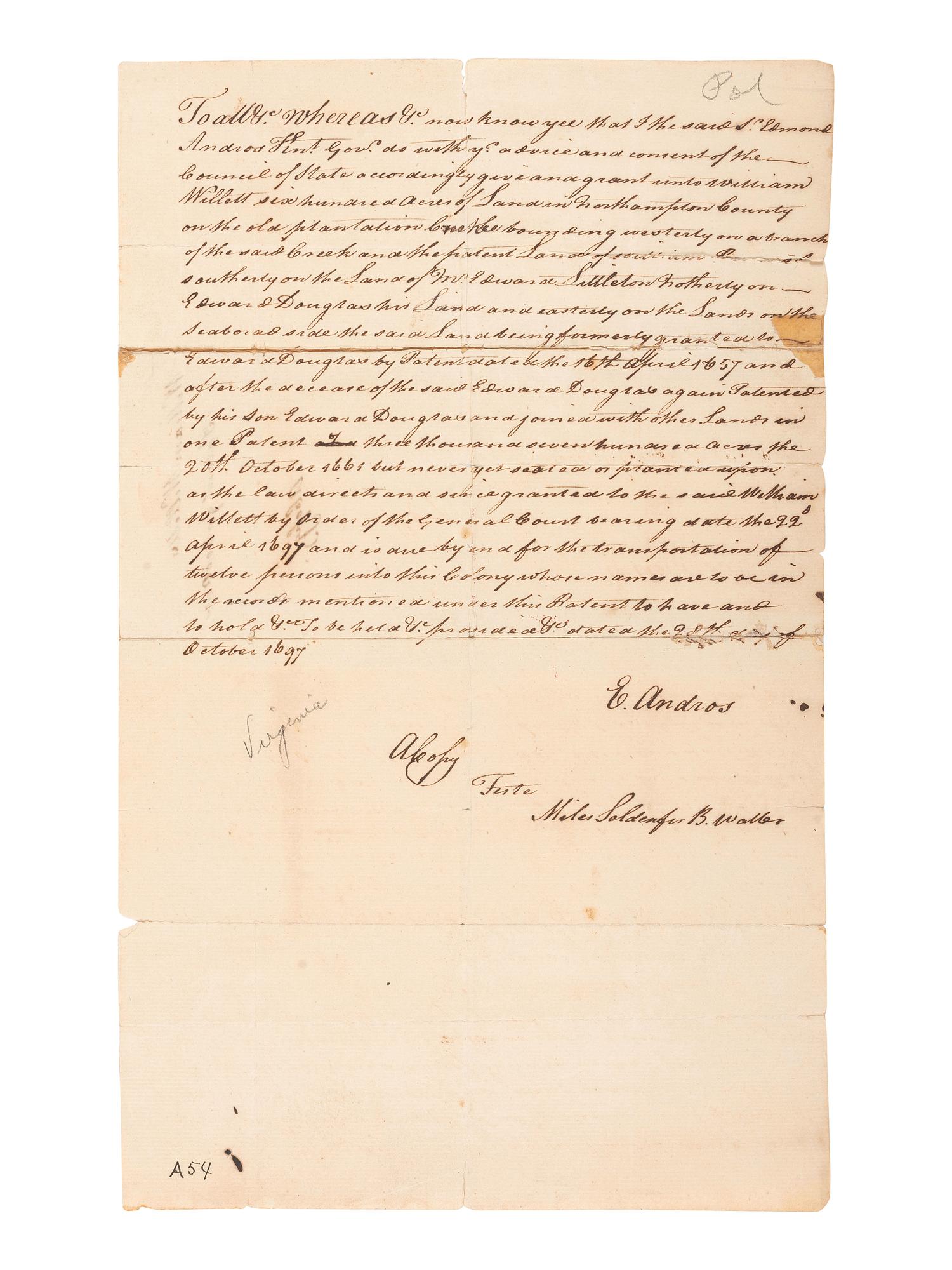 ANDROS, Sir Edmund (1637-1714). Copy document secretarially signed ("E. Andros"), as Colonial Governor of Virginia. 28 October 1697.