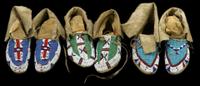 Three pairs of beaded hide Sioux moccasins mrs. two face, bullhead and agnes iron eyes, fort yates, 20th century