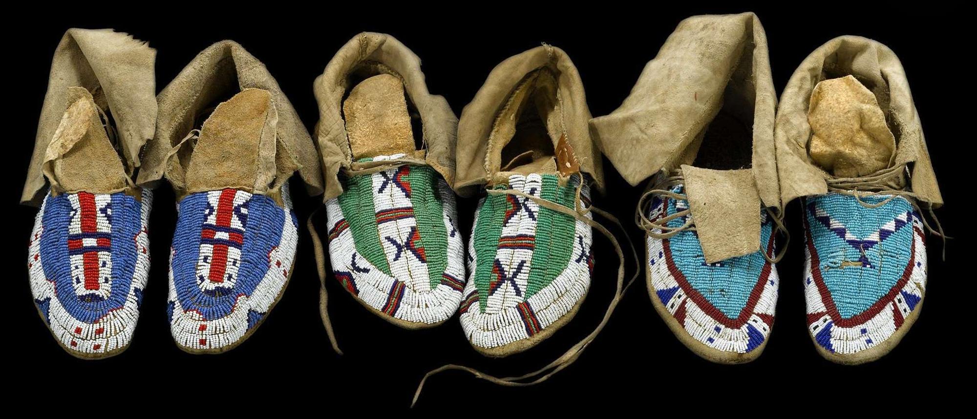 Three pairs of beaded hide Sioux moccasins mrs. two face, bullhead and agnes iron eyes, fort yates, 20th century