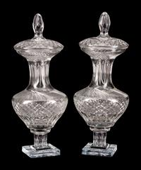 A Pair of Neoclassical Style Cut-Glass Urns and Covers