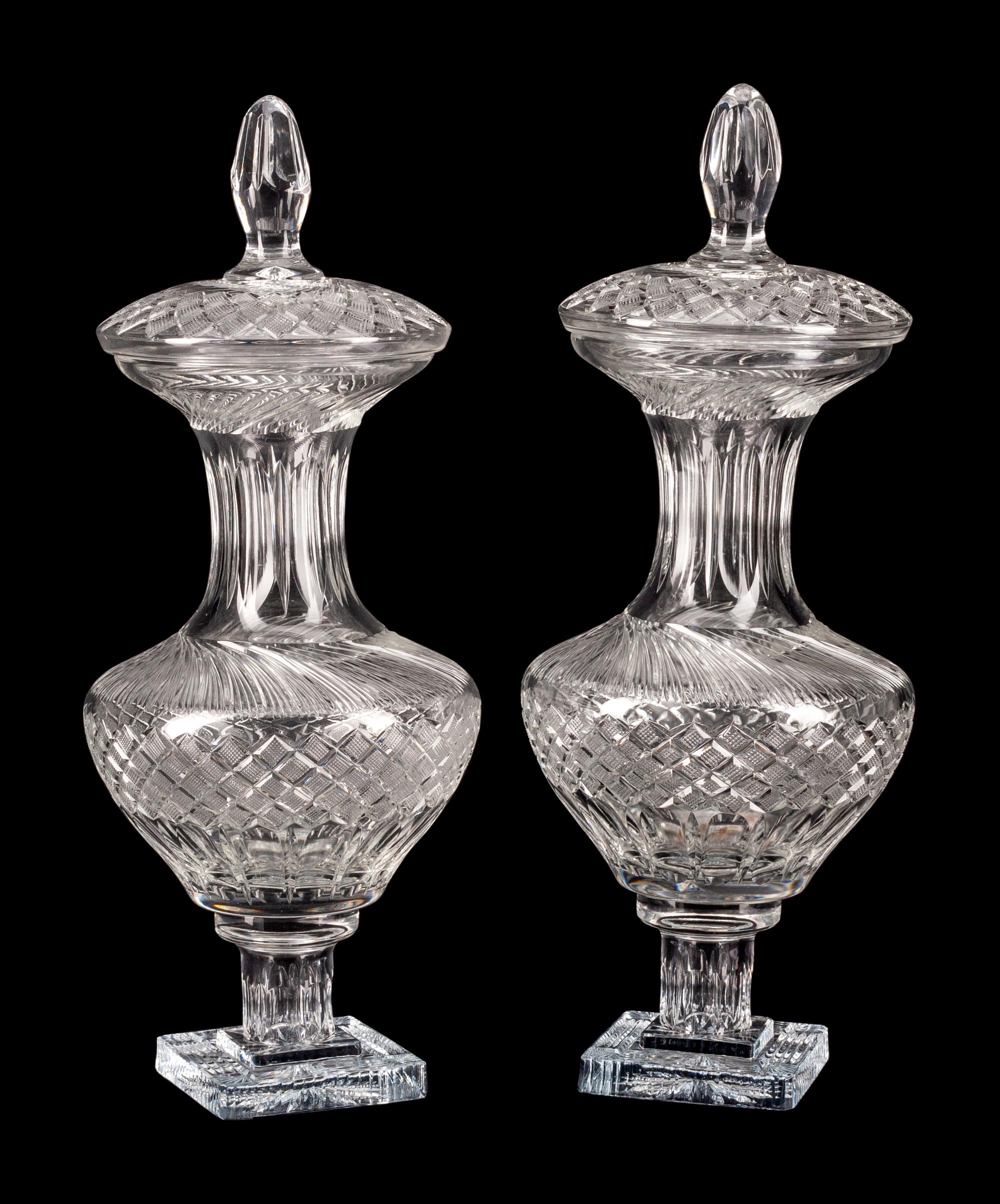A Pair of Neoclassical Style Cut-Glass Urns and Covers