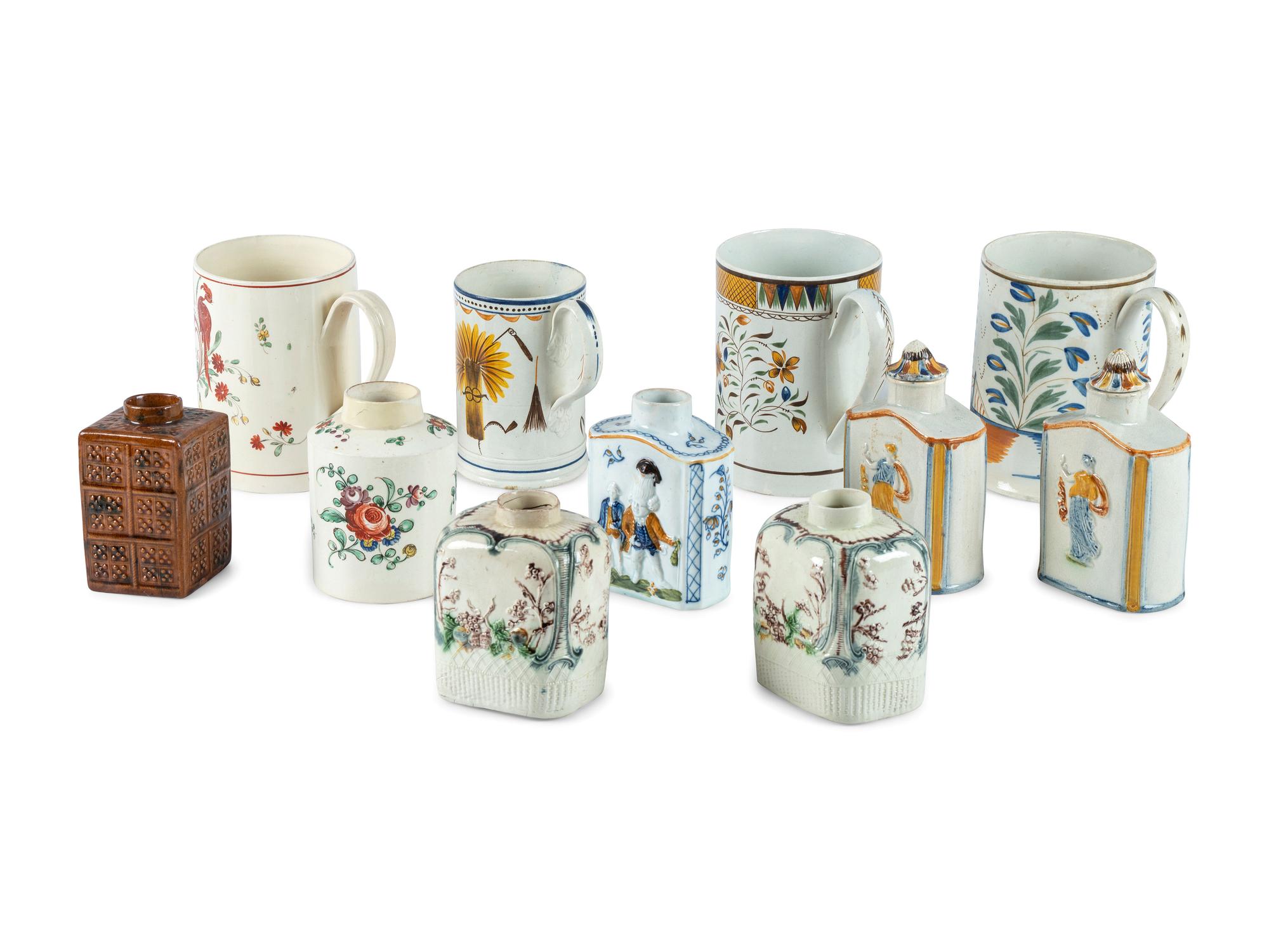 A Group of English Molded Creamware and Pearlware Glazed Tea Caddies and Canns
