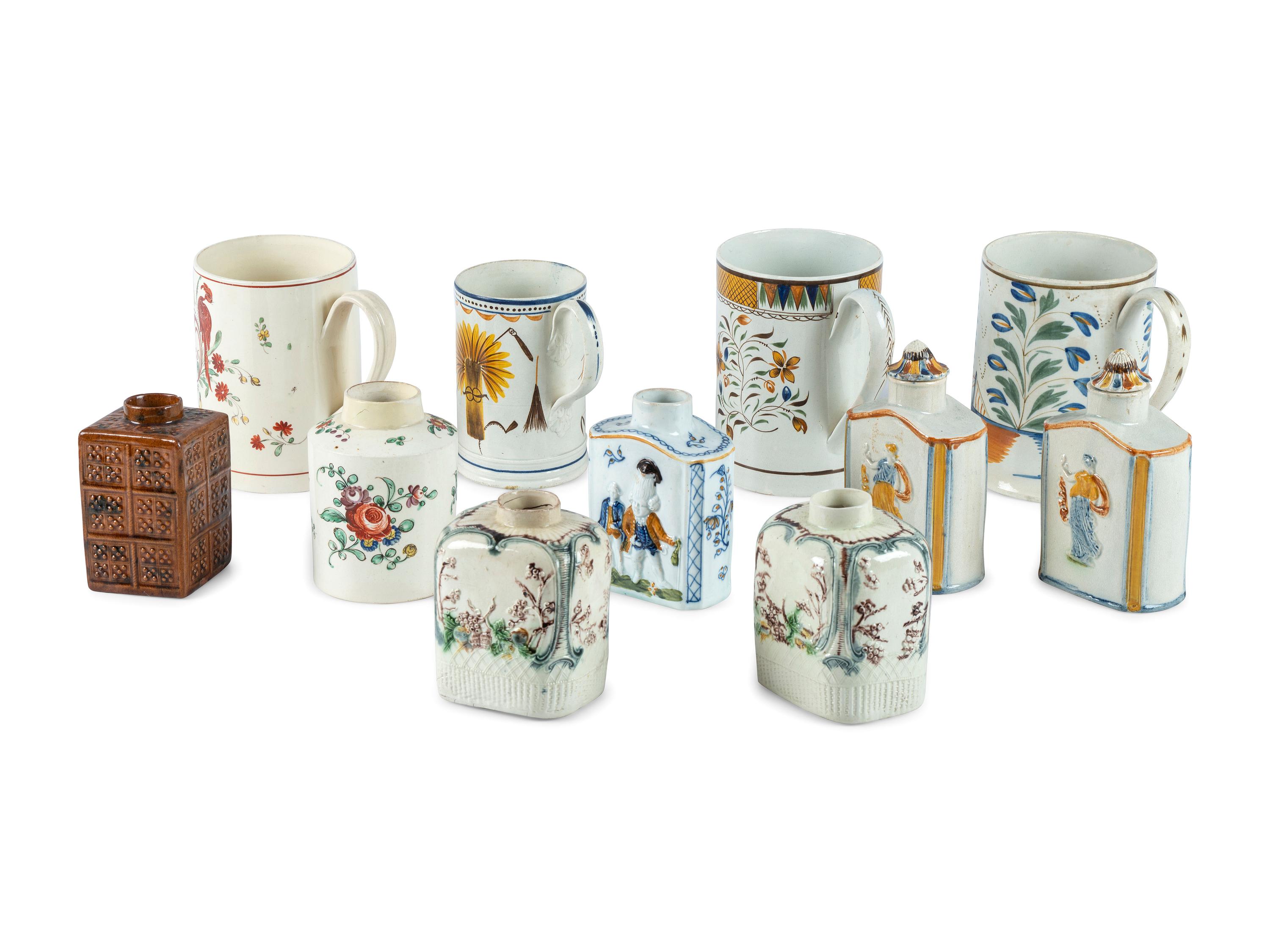 A Group of English Molded Creamware and Pearlware Glazed Tea Caddies and Canns