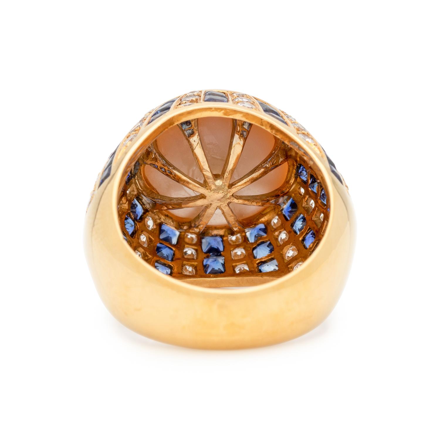 CULTURED MABE PEARL, DIAMOND AND SAPPHIRE RING