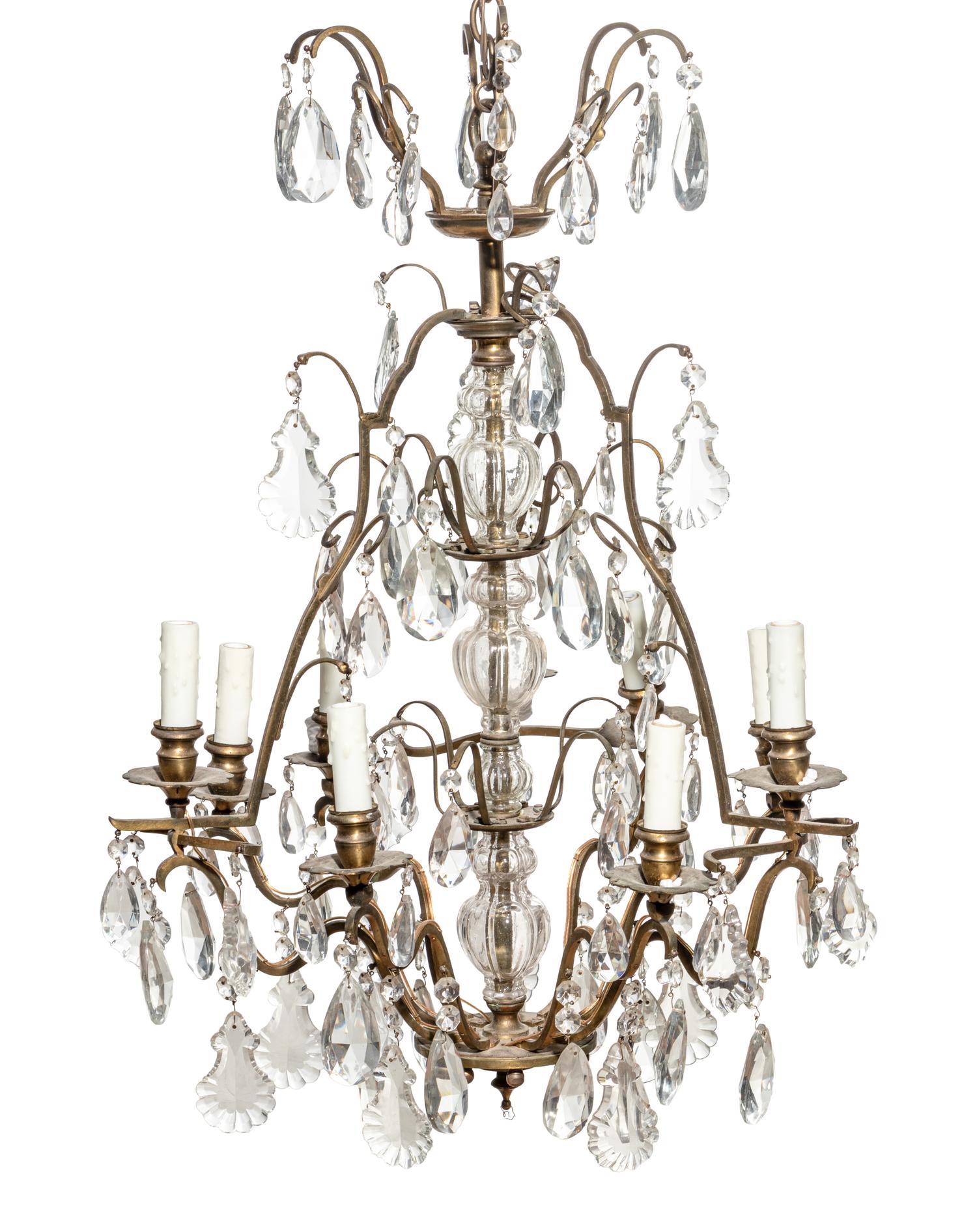 A Large Louis XV Style Bronze and Glass Ten-Light Chandelier