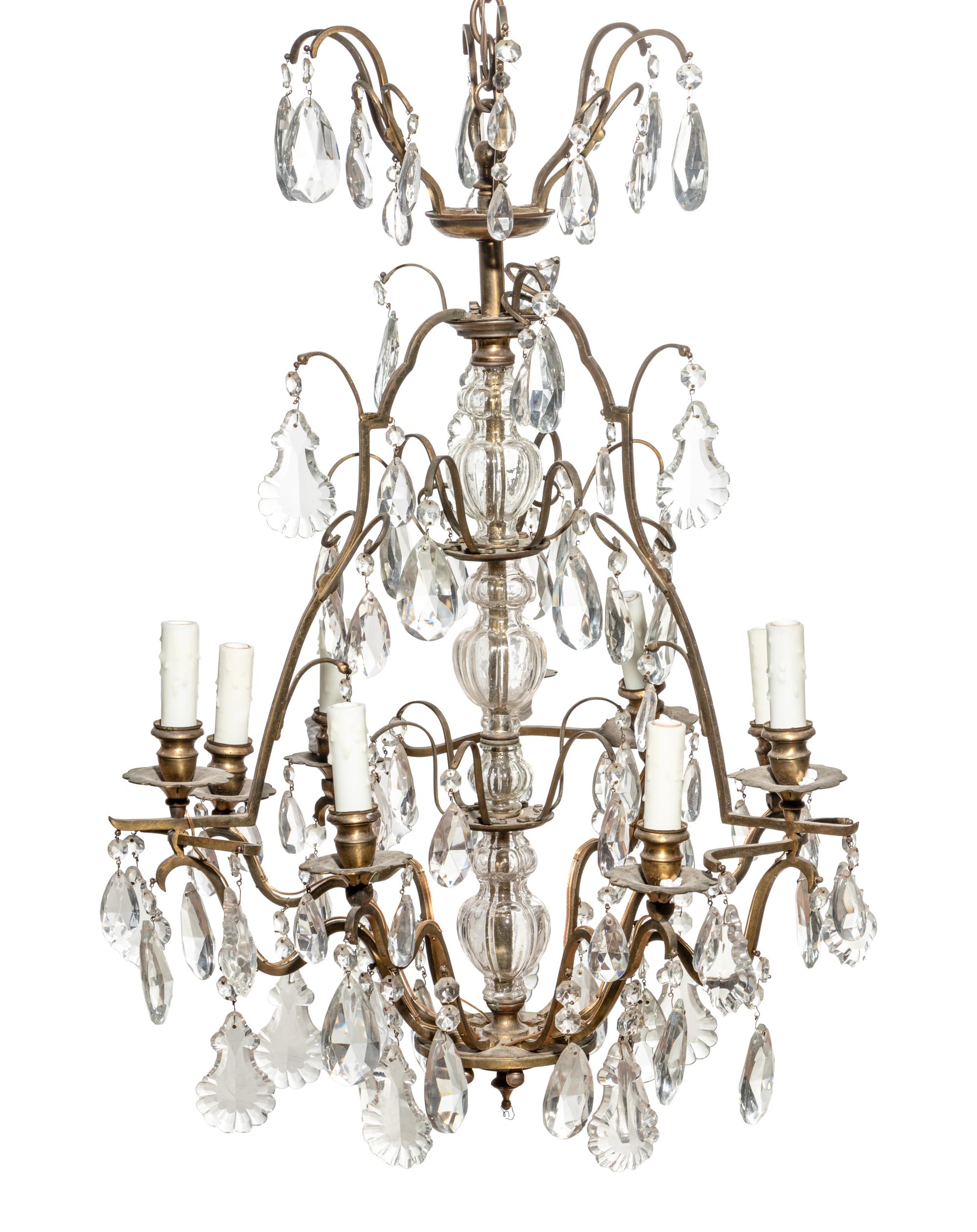 A Large Louis XV Style Bronze and Glass Ten-Light Chandelier