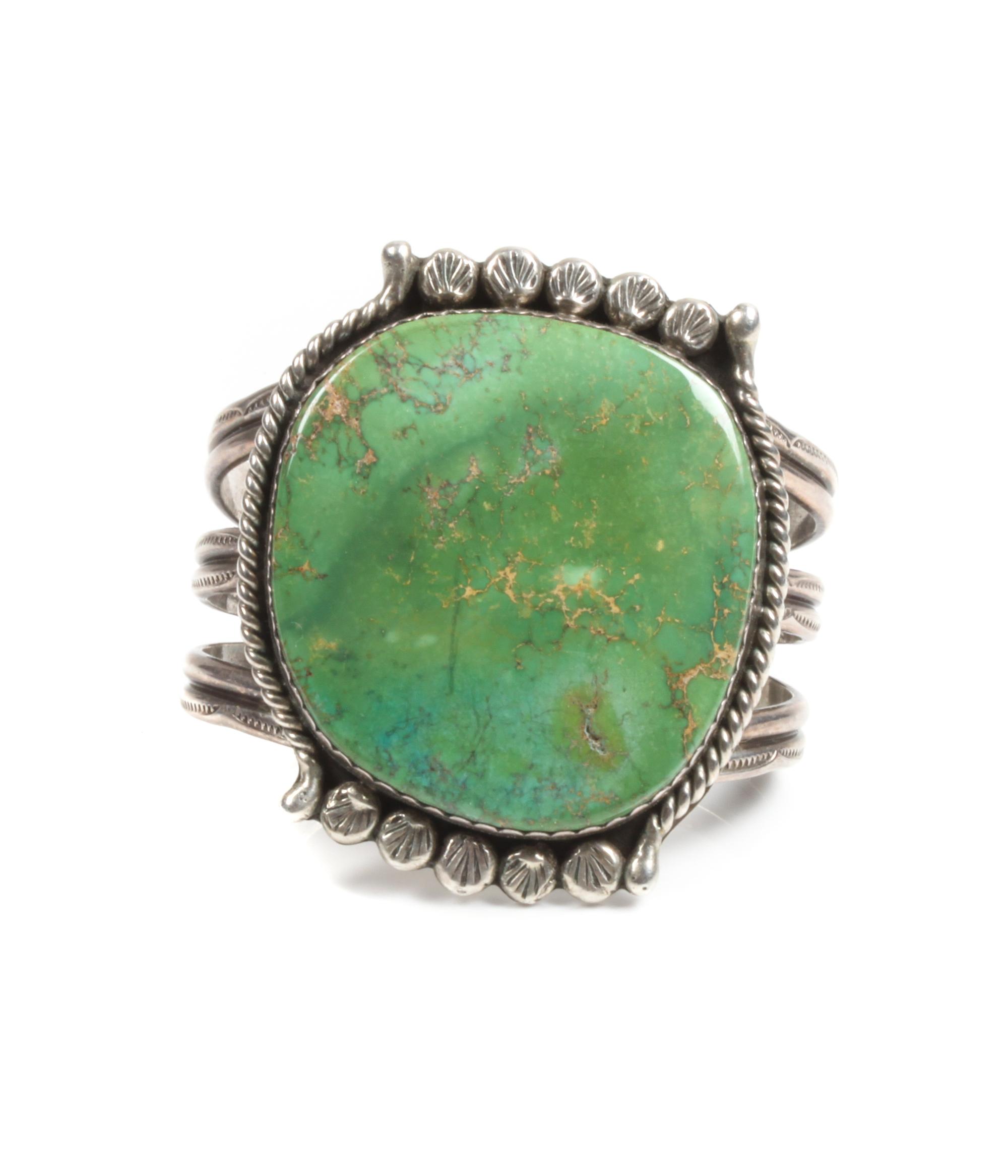 Southwestern Silver and Turquoise Cuff Bracelet Length 5 1/2 x opening 1 x width 2 1/2 inches