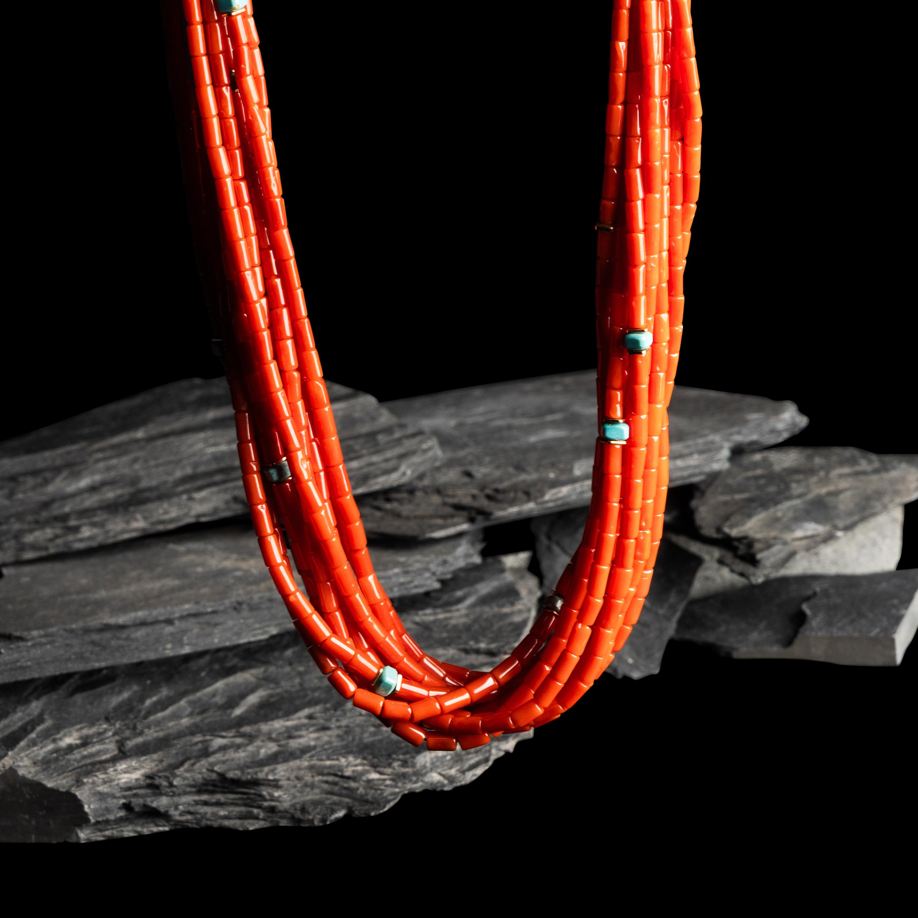 Victor Beck, Attributed (Diné, 1941-2022) — Multi-Strand Coral and Turquoise Necklace, with Yellow Gold Accents