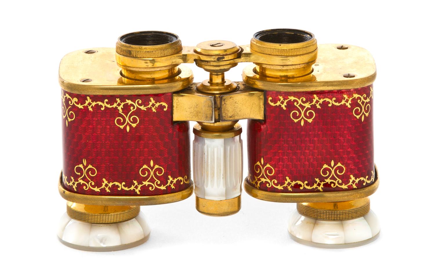 A Pair of French Guilloche Enameled and Mother-of-Pearl Inset Opera Glasses, Colmont, Width 3 3/4 inches.