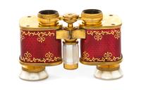 A Pair of French Guilloche Enameled and Mother-of-Pearl Inset Opera Glasses, Colmont, Width 3 3/4 inches.