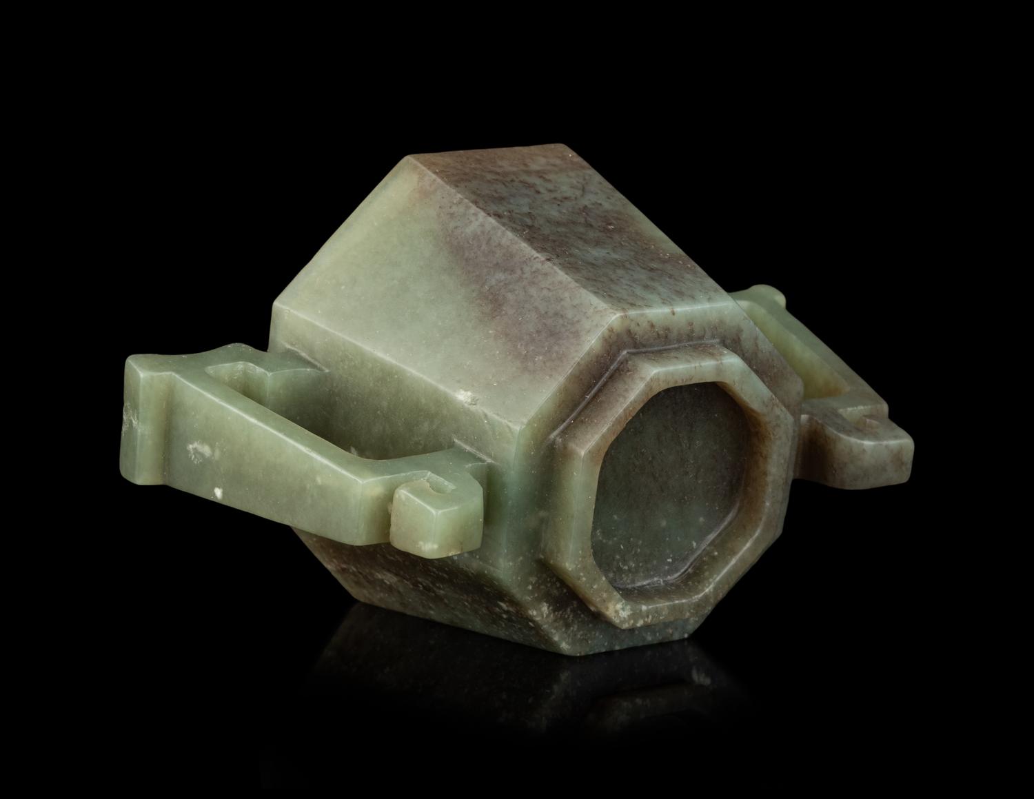 A Chinese Russet and Celadon Jade Handled Cup