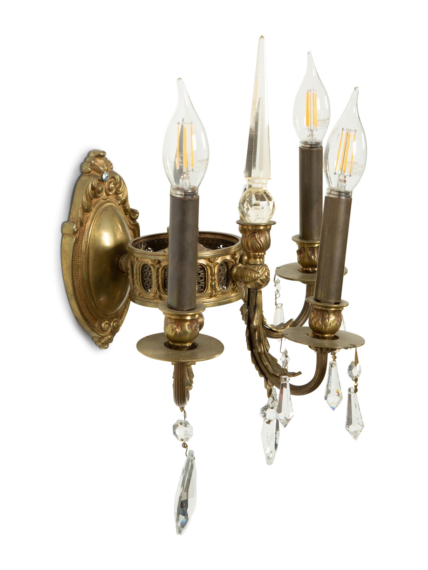 A Pair of Continental Gilt Bronze Three-Light Sconces