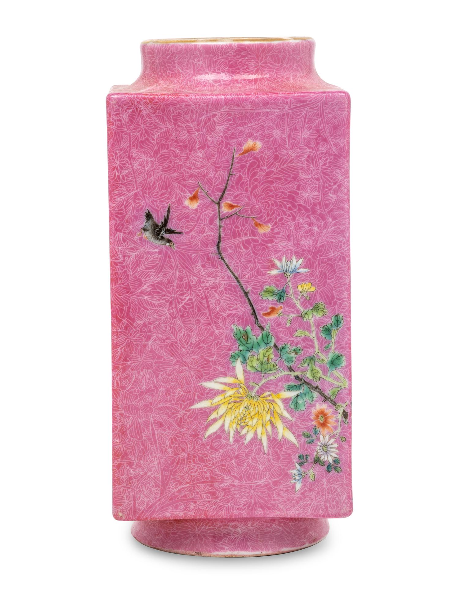 A Chinese Pink Glazed Sgraffito Ground Famille Rose Porcelain Cong Vase