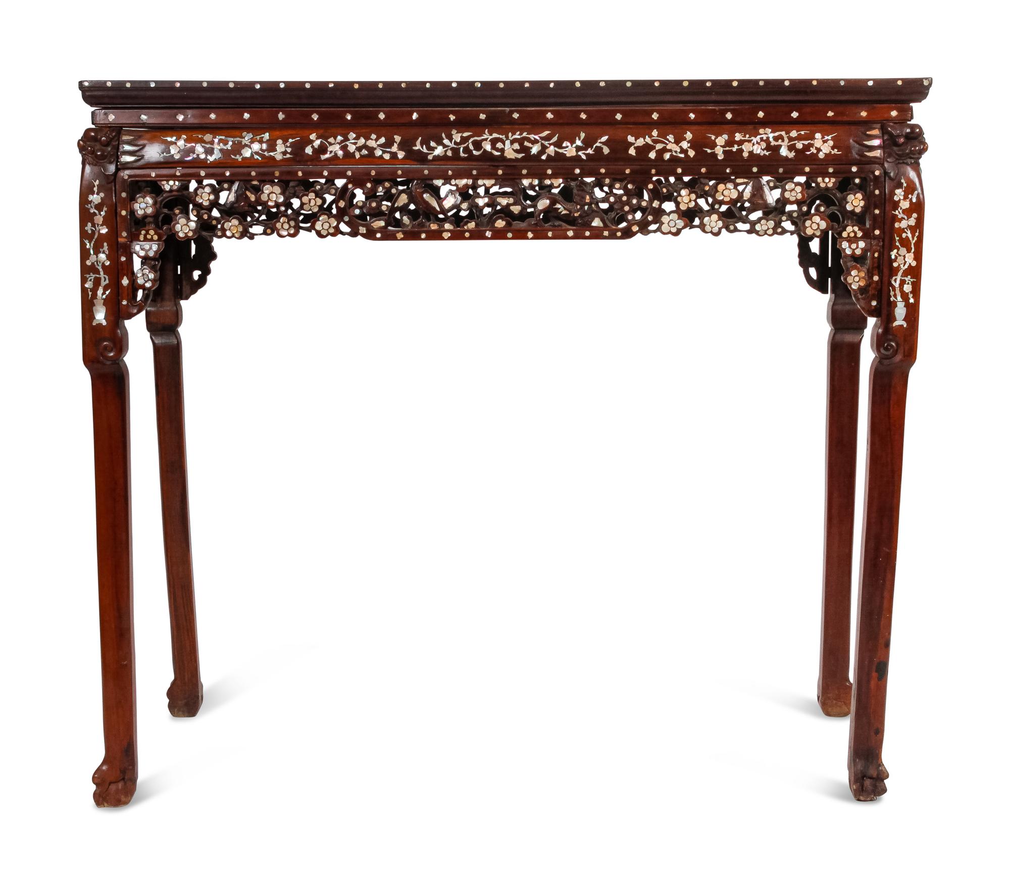 A Mother-of-Pearl Inlaid Rosewood Altar Table and Three Armchairs
