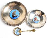 Two Norwegian Silver and Enamel Dishes, Ottar Hval, Oslo, 20th Century, each of circular form centered by an enameled roundel depicting