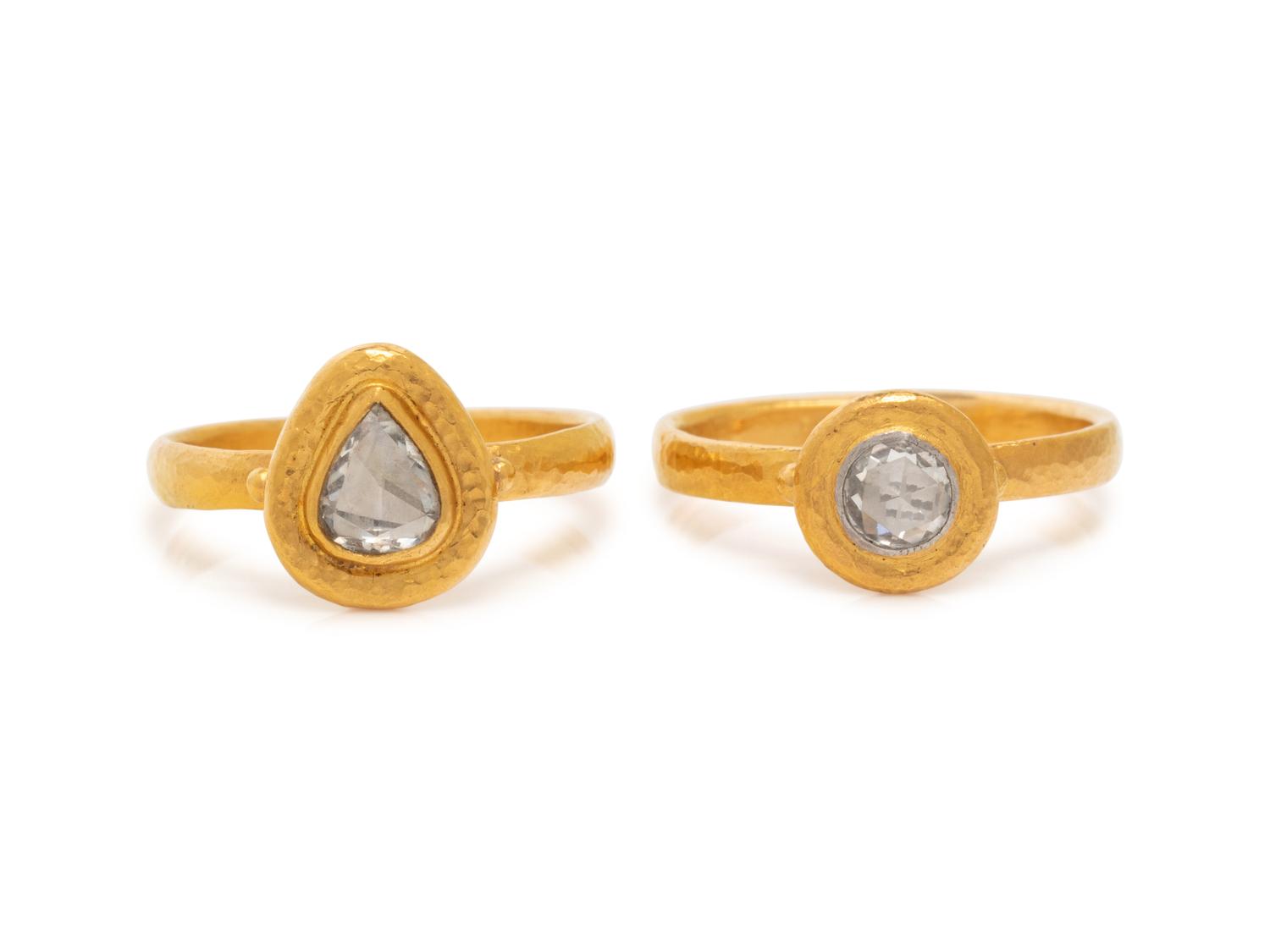 GURHAN, PAIR OF YELLOW GOLD AND ROSE CUT DIAMOND RINGS