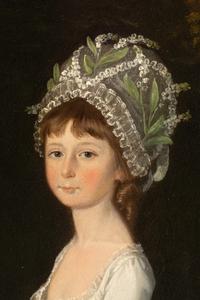 Group Portrait of Catherine, Charlotte, and Susan Mordaunt, daughters of Sir John Mordaunt, 7th Bt., small full-length, in white dresses, with a dog in a wood