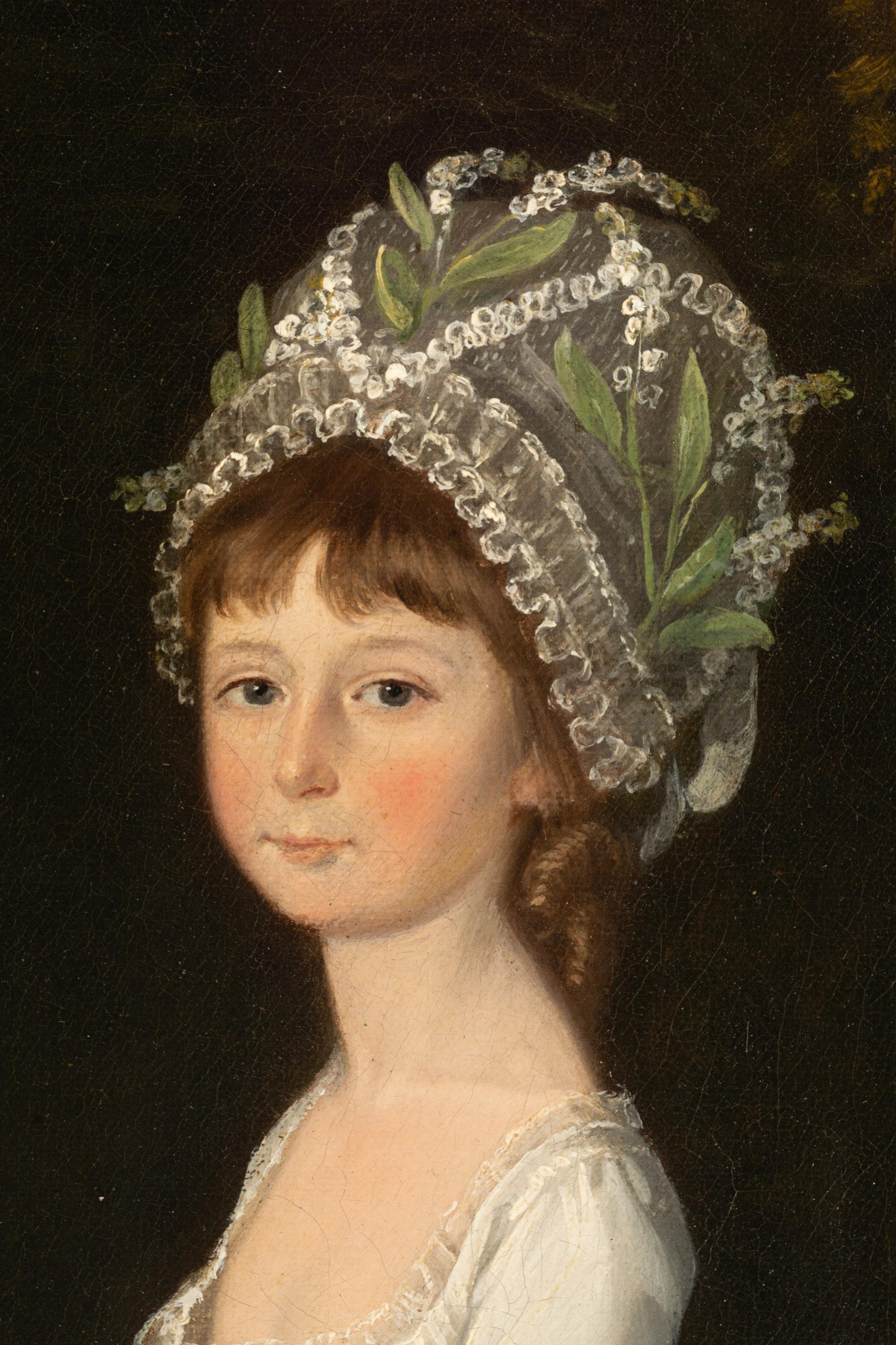 Group Portrait of Catherine, Charlotte, and Susan Mordaunt, daughters of Sir John Mordaunt, 7th Bt., small full-length, in white dresses, with a dog in a wood