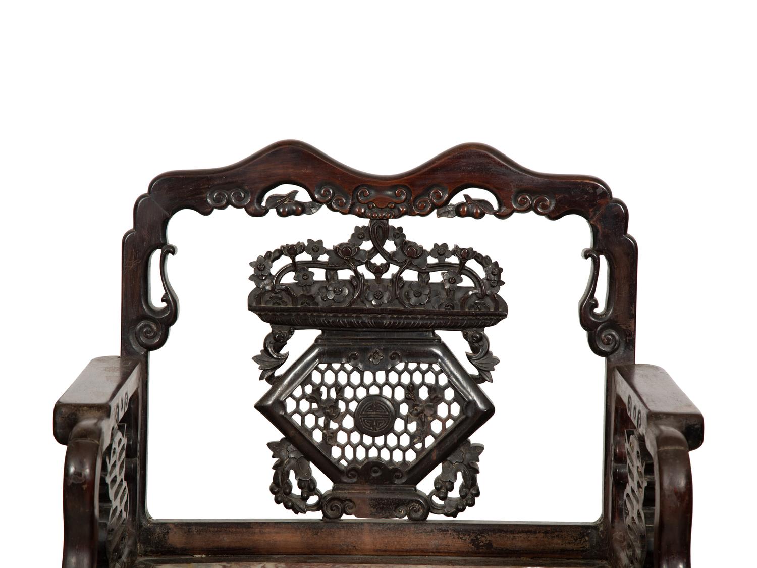 A Near Pair of Chinese Carved Hardstone-Mounted Hardwood Armchairs
