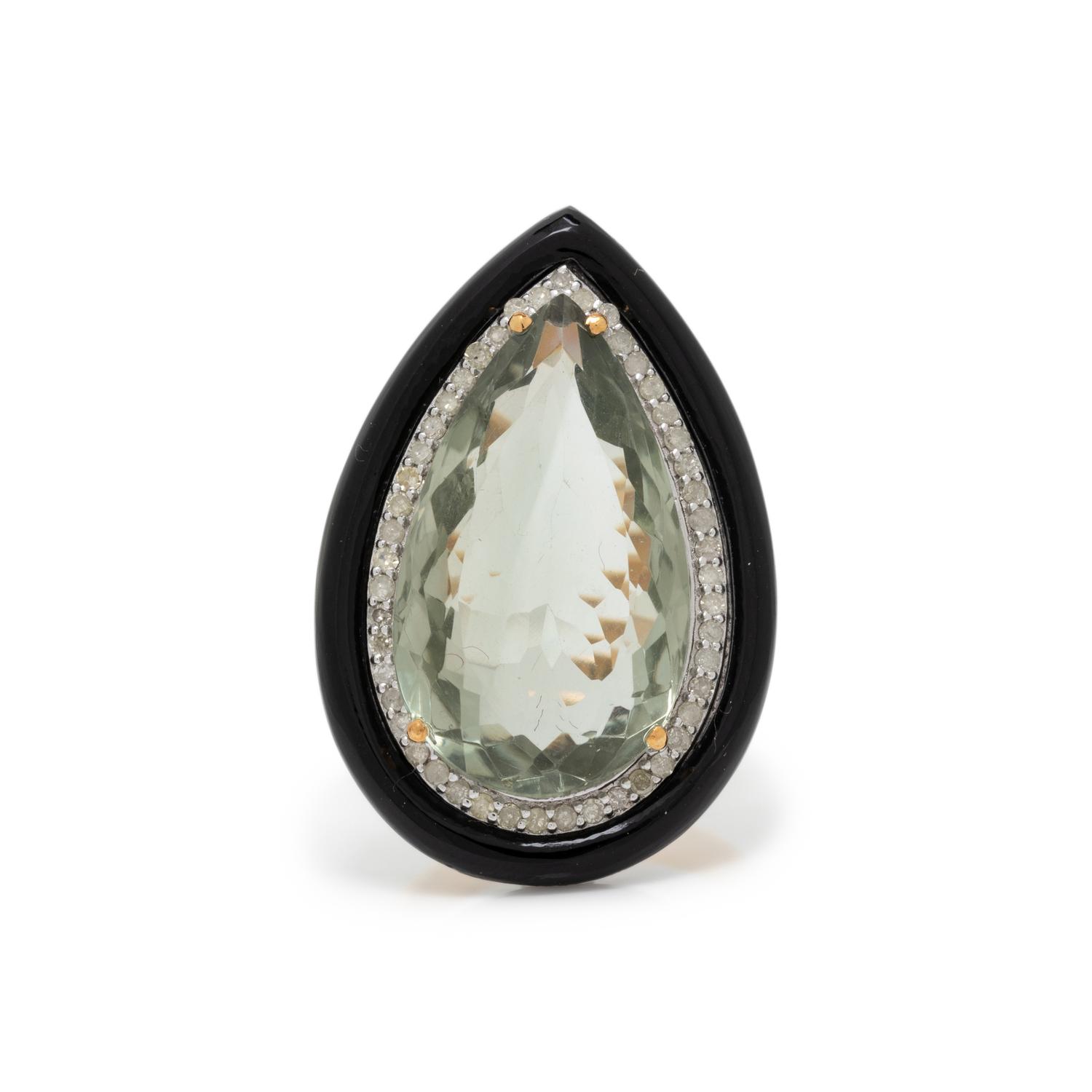 PRASIOLITE, BLACK ONYX, AND DIAMOND RING