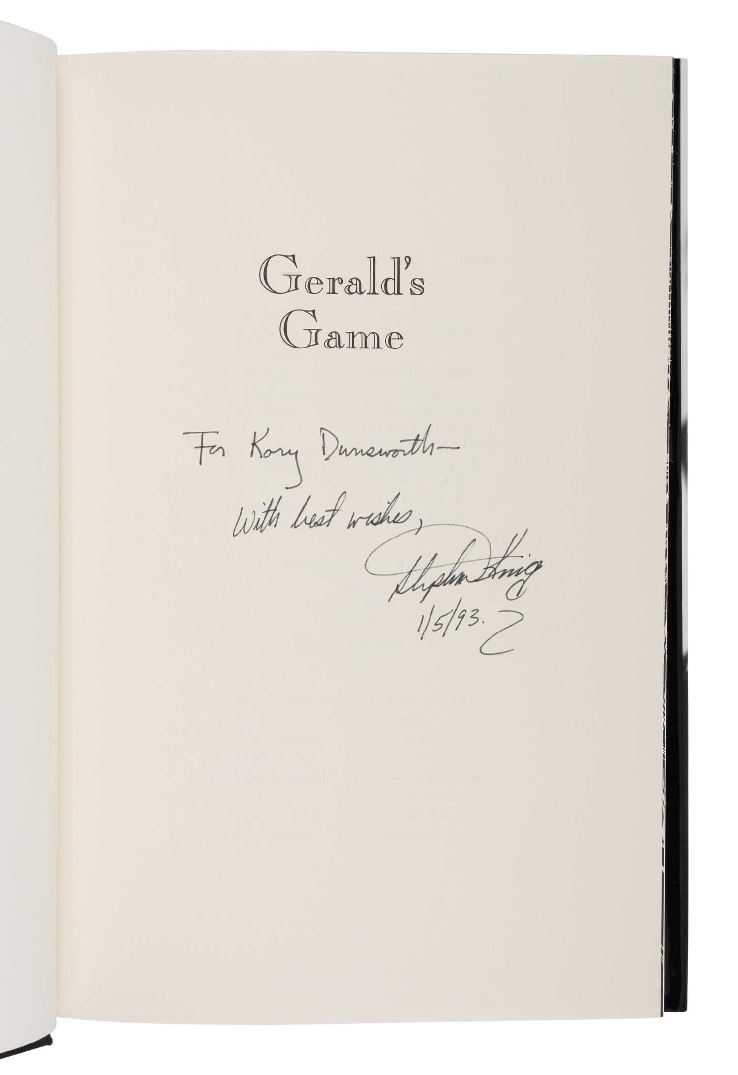KING, Stephen (b. 1947). Gerald's Game. New York: Viking, 1992.