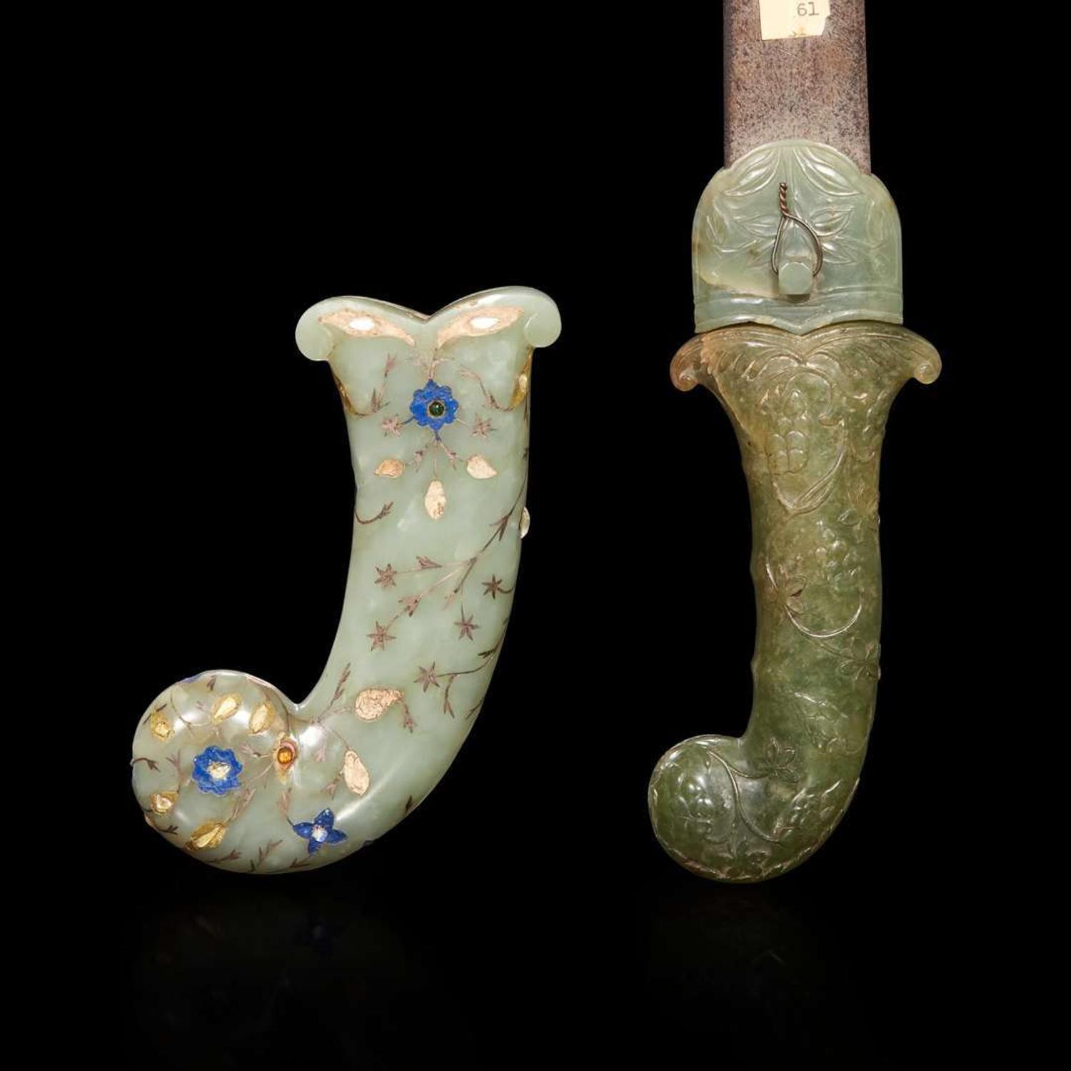 A Mughal style blade with nephrite hilt and associated chape, and a Mughal style nephrite hilt