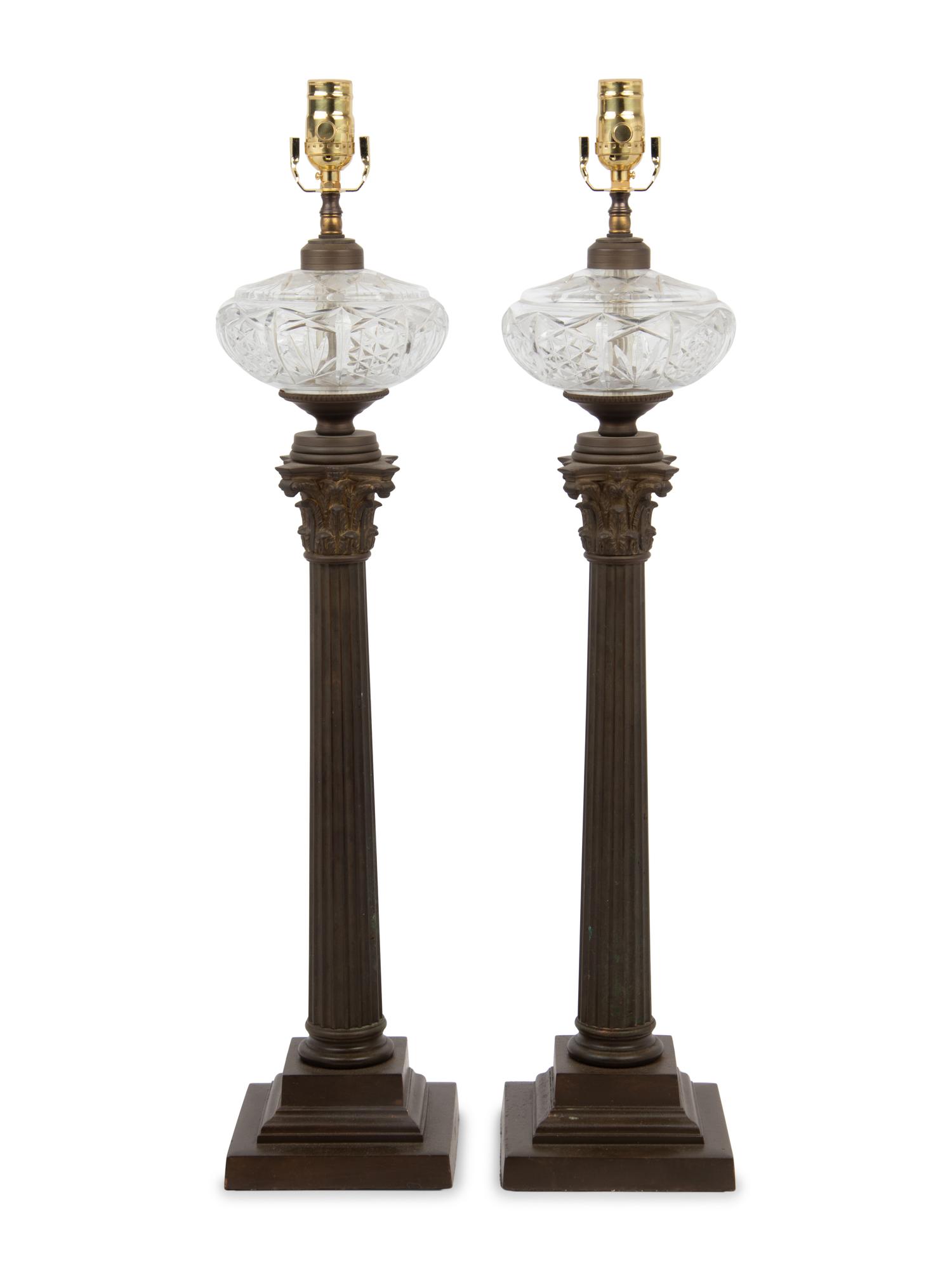 A Pair of Continental Gilt Metal and Cut Glass Fluid Lamps Converted to Electricity