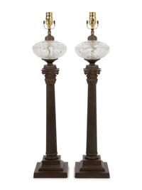 A Pair of Continental Gilt Metal and Cut Glass Fluid Lamps Converted to Electricity