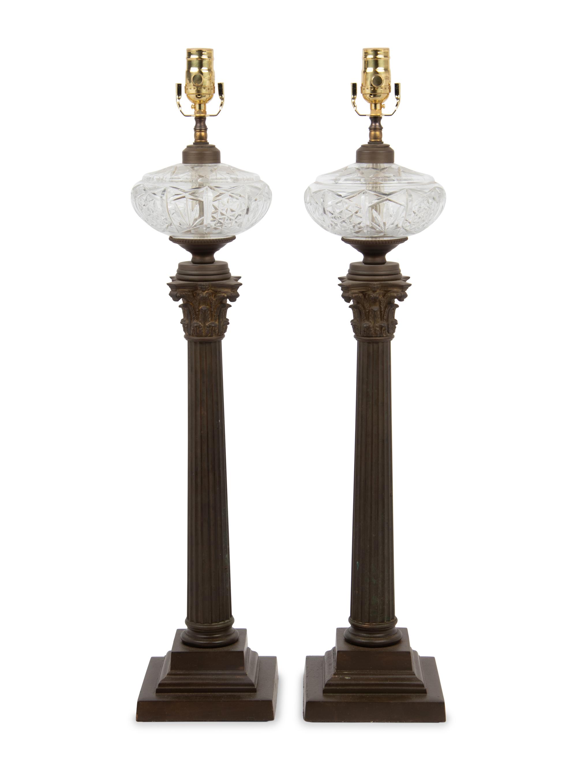A Pair of Continental Gilt Metal and Cut Glass Fluid Lamps Converted to Electricity