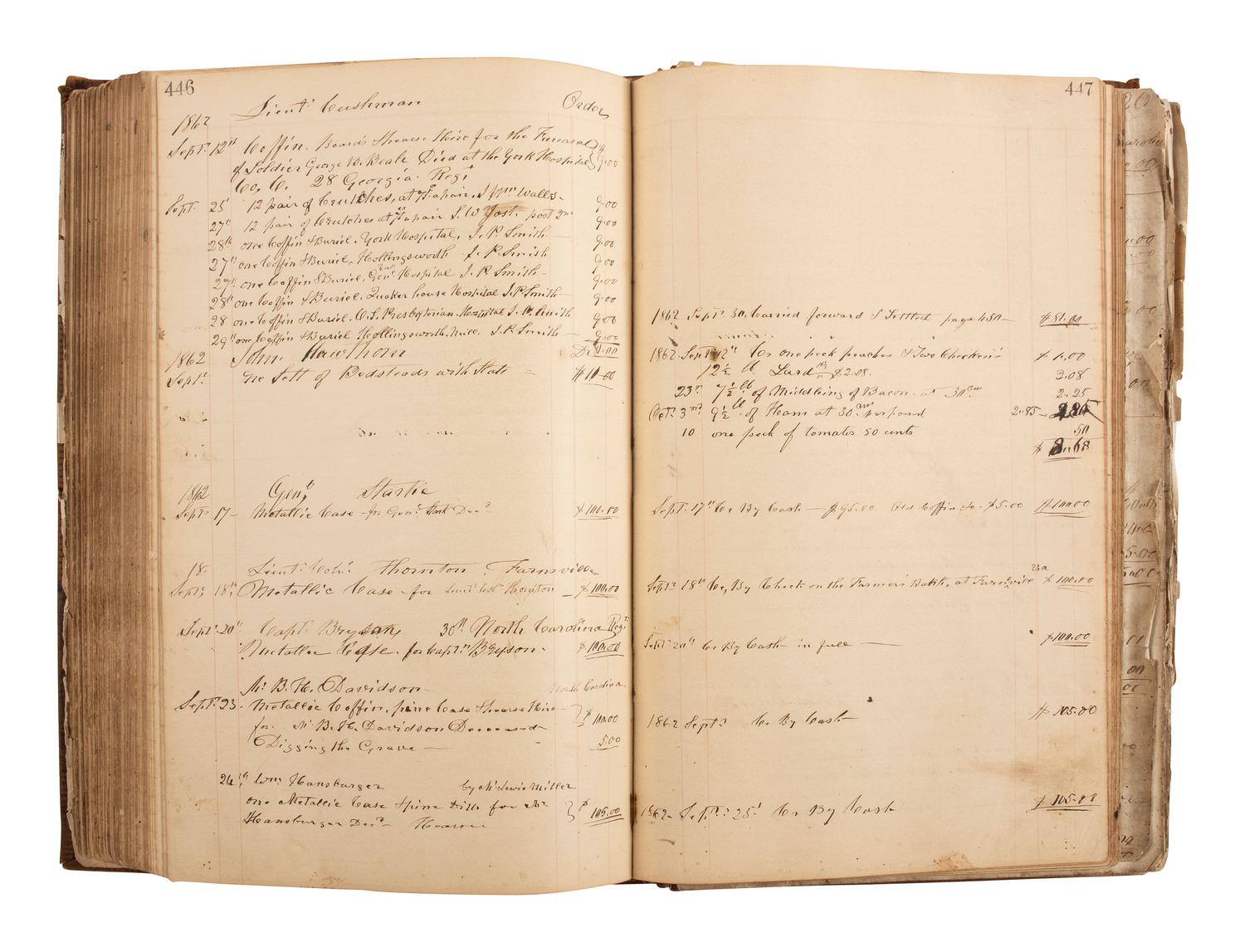 [CIVIL WAR]. Ledger book associated with Winchester, Virginia, cabinet maker John Kerr (1797-1875), documenting coffins built and sold for Union and Confederate soldiers as well as other wartime activity.