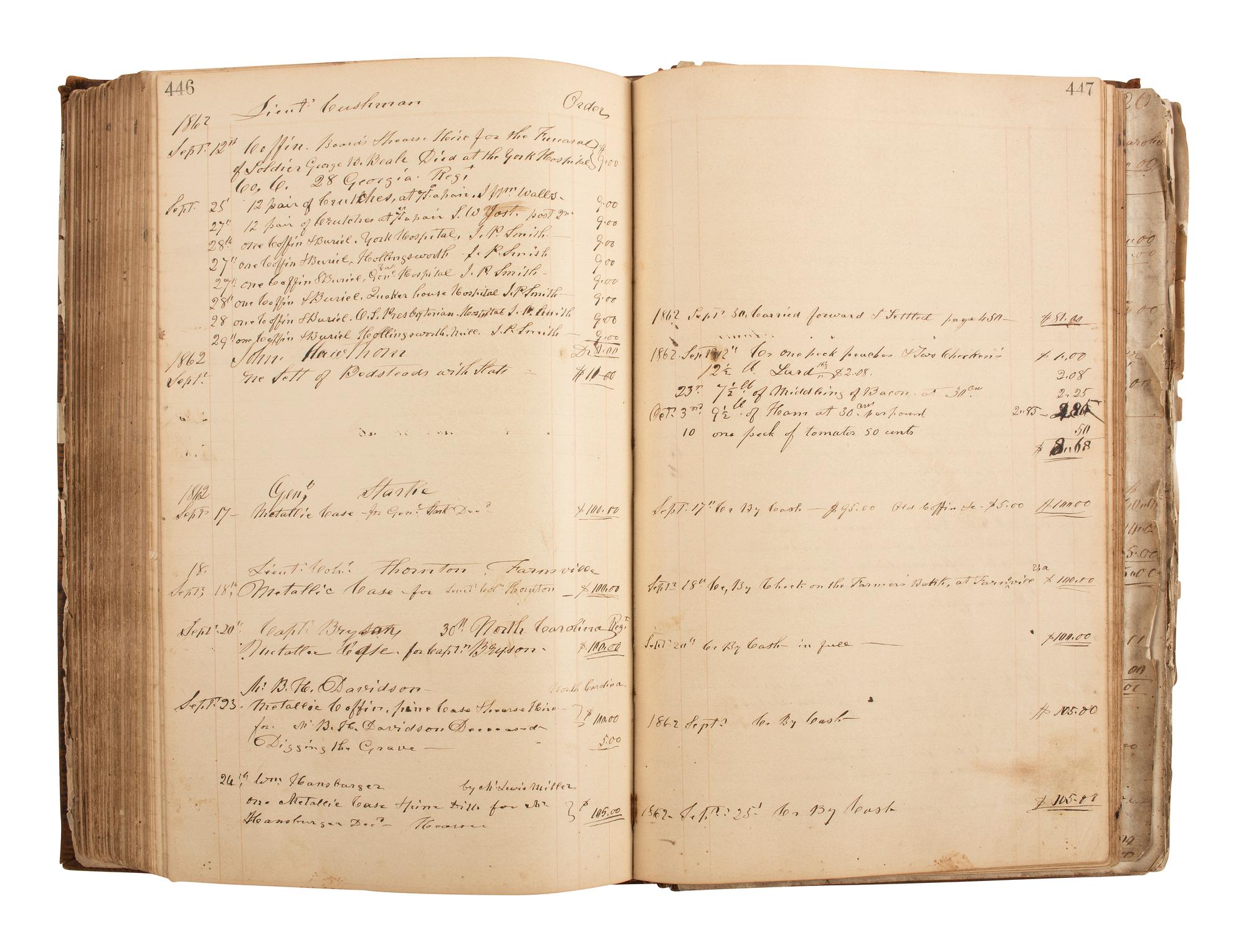 [CIVIL WAR]. Ledger book associated with Winchester, Virginia, cabinet maker John Kerr (1797-1875), documenting coffins built and sold for Union and Confederate soldiers as well as other wartime activity.