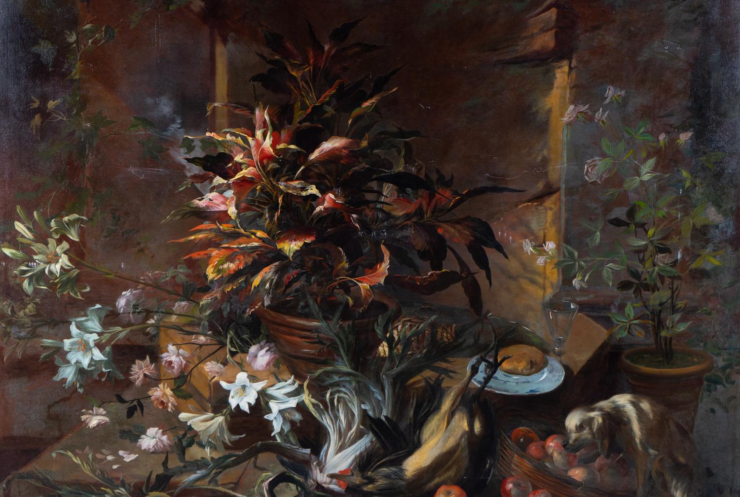 Still Life with Potted Plants and Roses, a Dog, a Basket of Apples, Fennel, a Semi-Plucked Rooster, a Bread Roll on a Plate and a Wine Glass