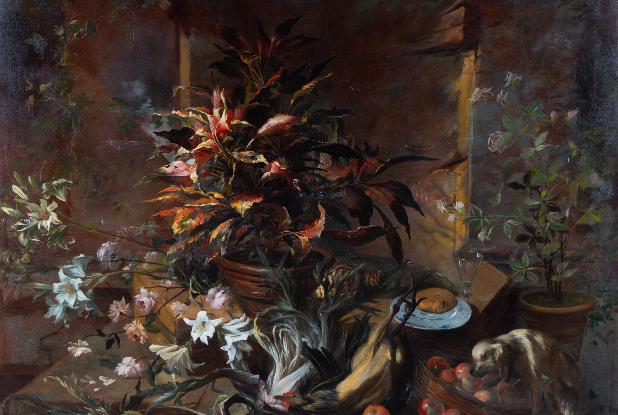 Still Life with Potted Plants and Roses, a Dog, a Basket of Apples, Fennel, a Semi-Plucked Rooster, a Bread Roll on a Plate and a Wine Glass