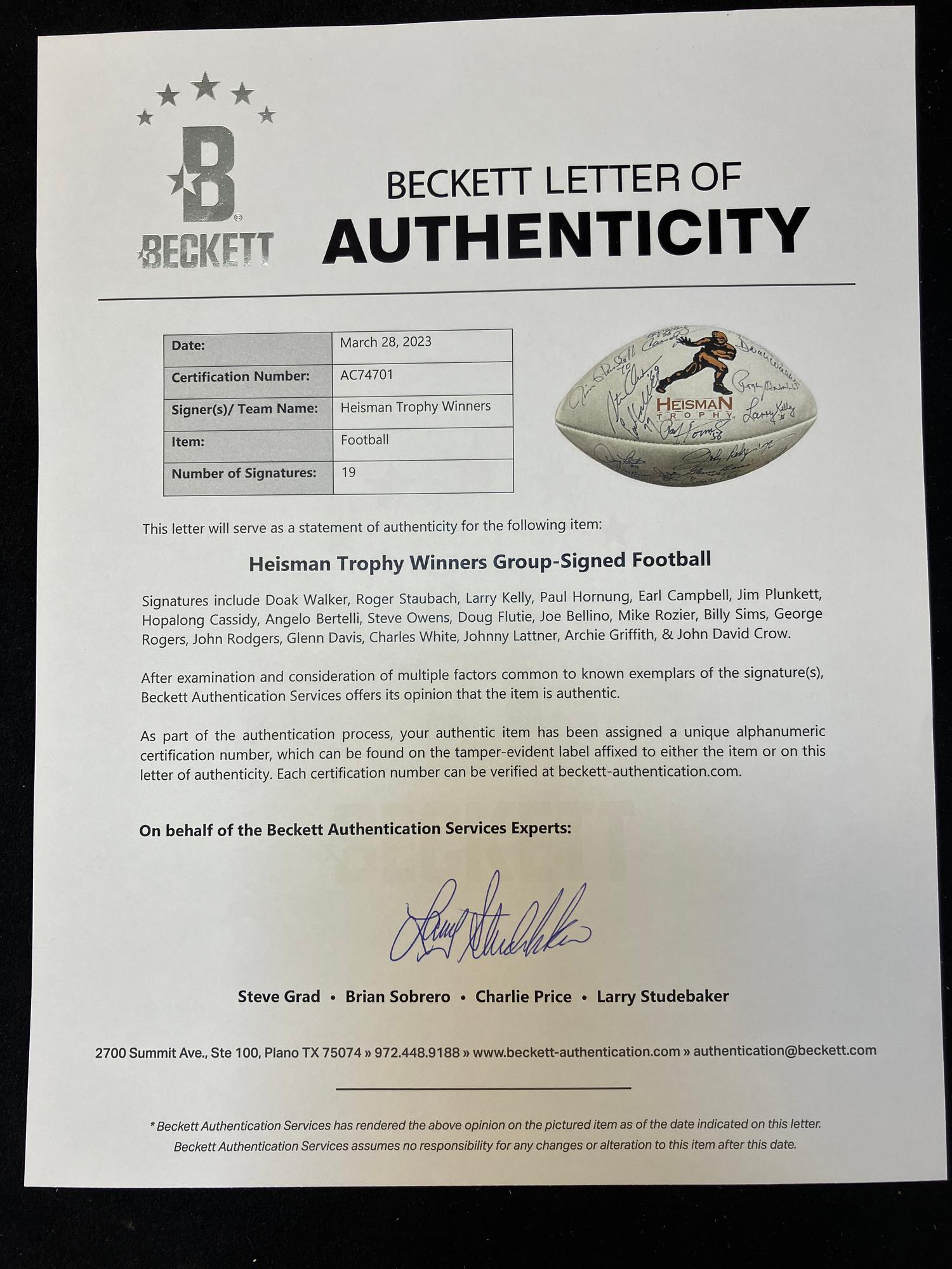 A Heisman Trophy Winners Multi Signed Autograph Football - 19 Signatures (Beckett Authentication Services Letter),