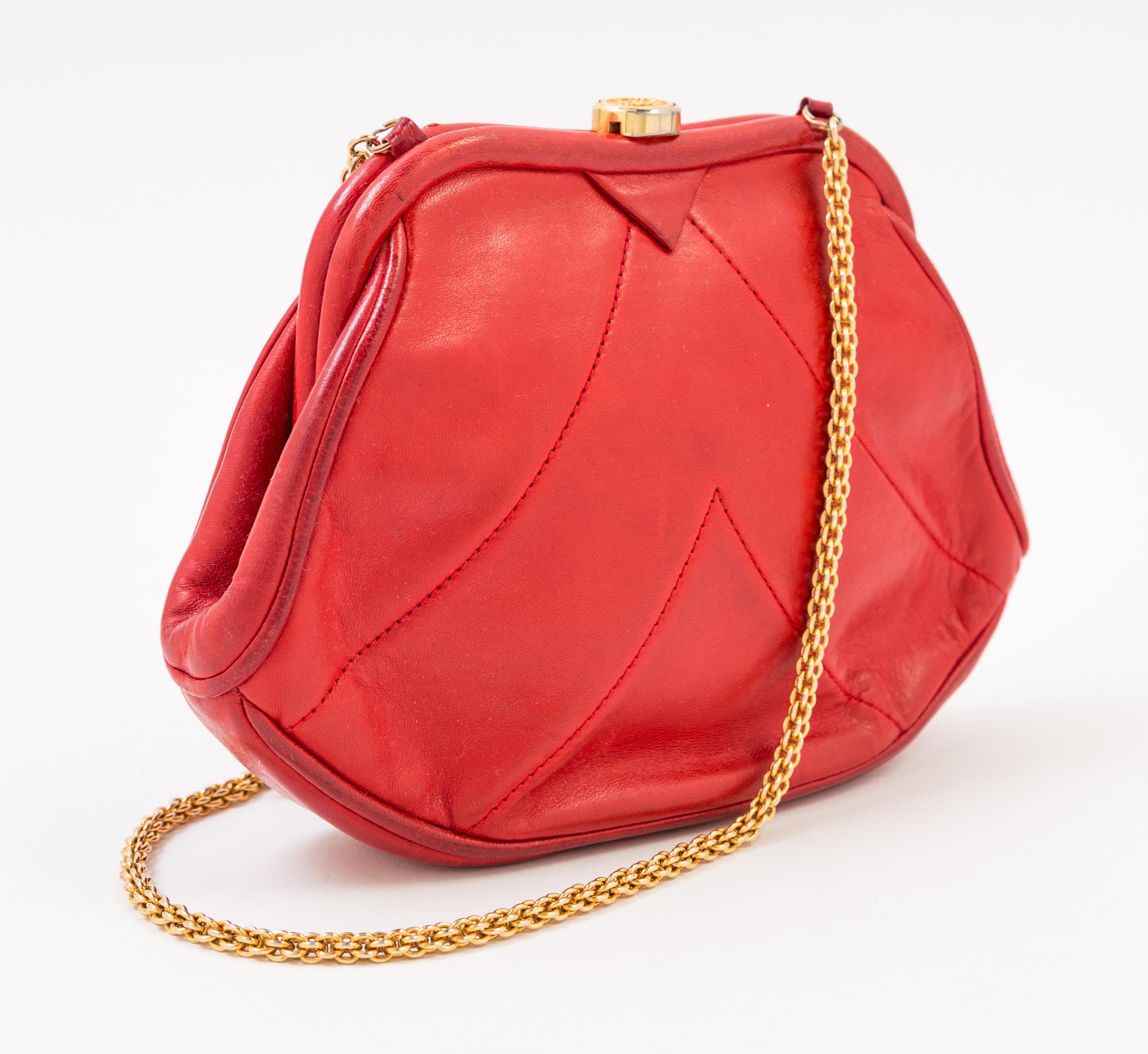 A Chanel Red Lambskin Vintage Chevron Handbag, 8" x 6" x 2".