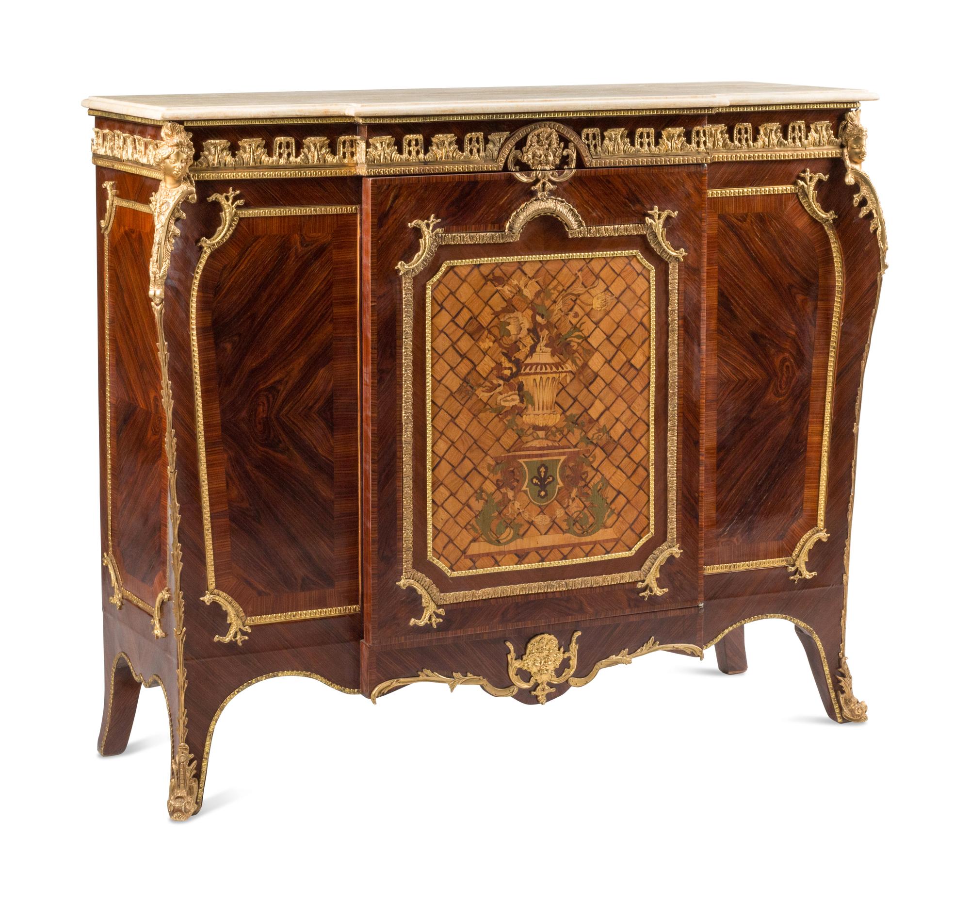A French Gilt Bronze Mounted Marquetry Marble-Top Cabinet