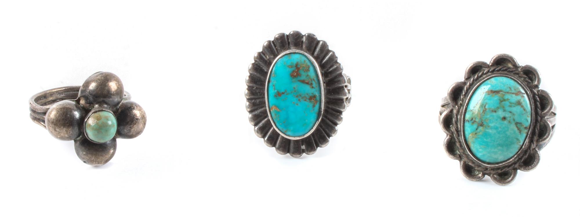 Three Southwestern Silver and Turquoise Rings