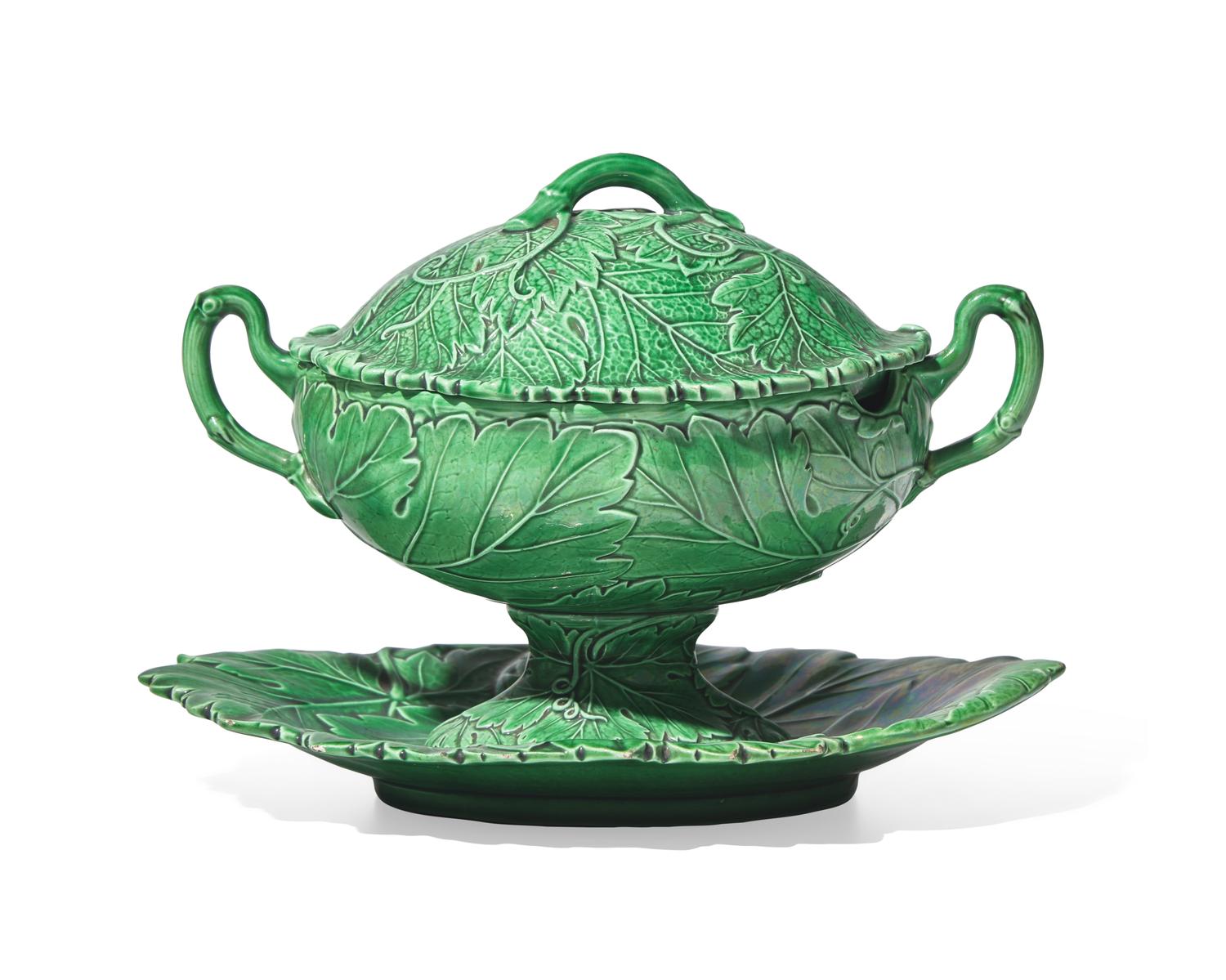A Wedgwood Majolica Cabbage Covered Sauce Tureen and Undertray