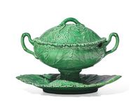 A Wedgwood Majolica Cabbage Covered Sauce Tureen and Undertray