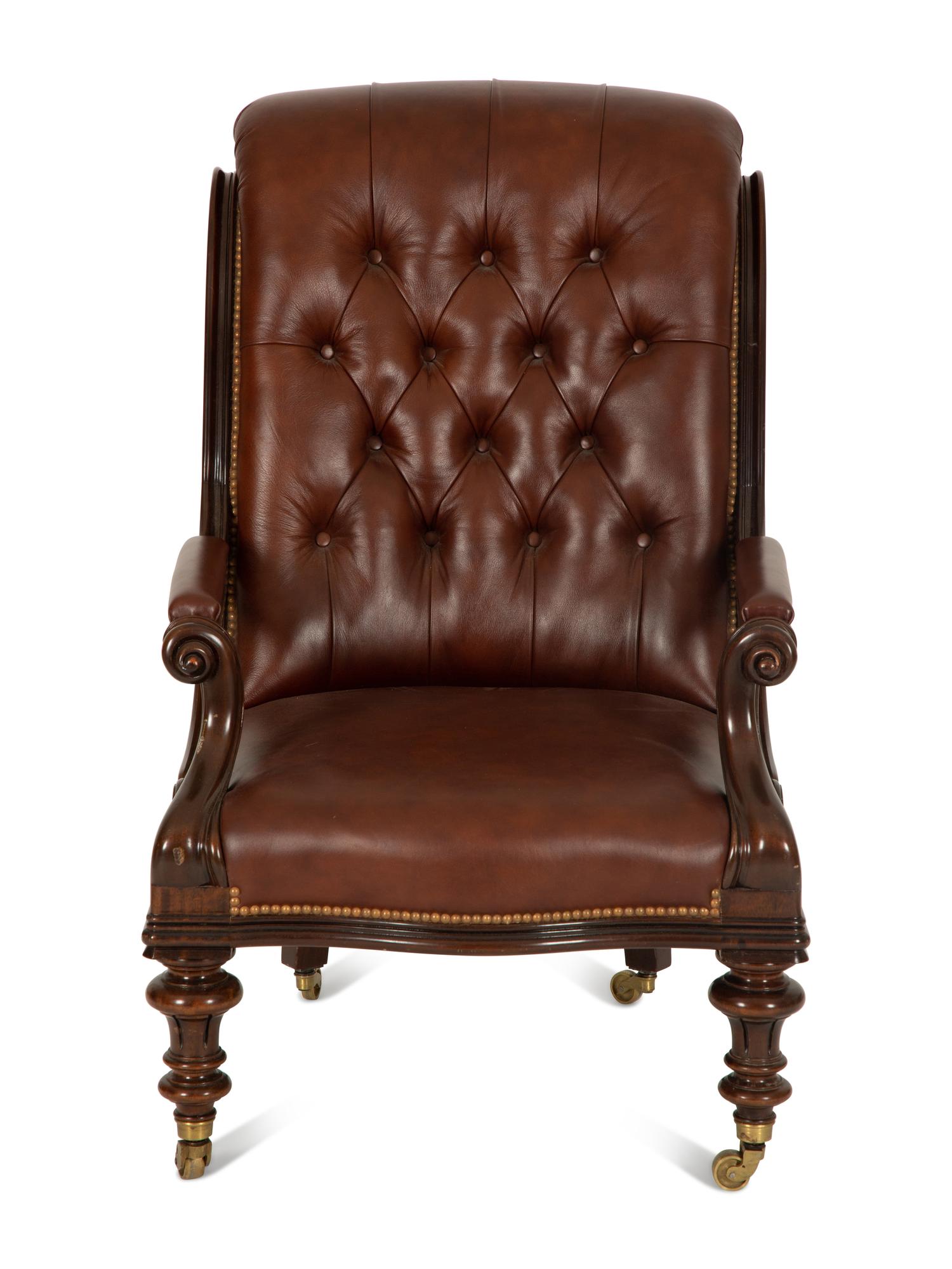 A Regency Style Leather Upholstered Mahogany Open Armchair — 20th Century