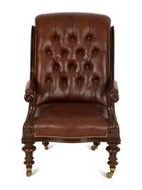 A Regency Style Leather Upholstered Mahogany Open Armchair — 20th Century
