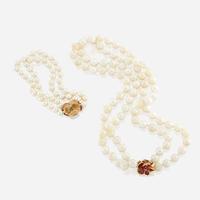 A cultured pearl, gold, and gem-set necklace with similar bracelet