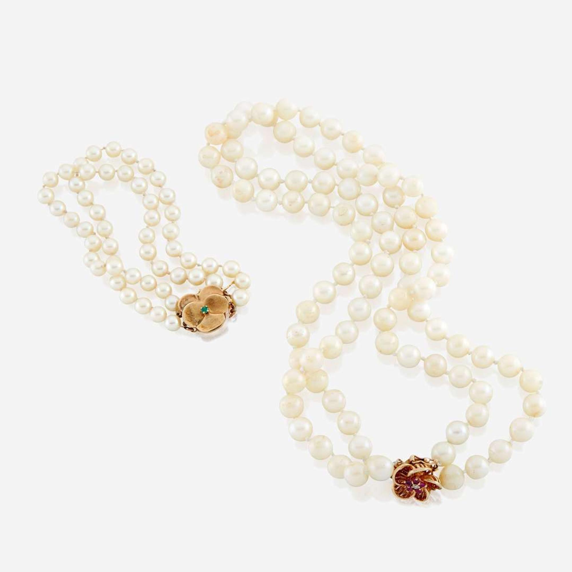 A cultured pearl, gold, and gem-set necklace with similar bracelet