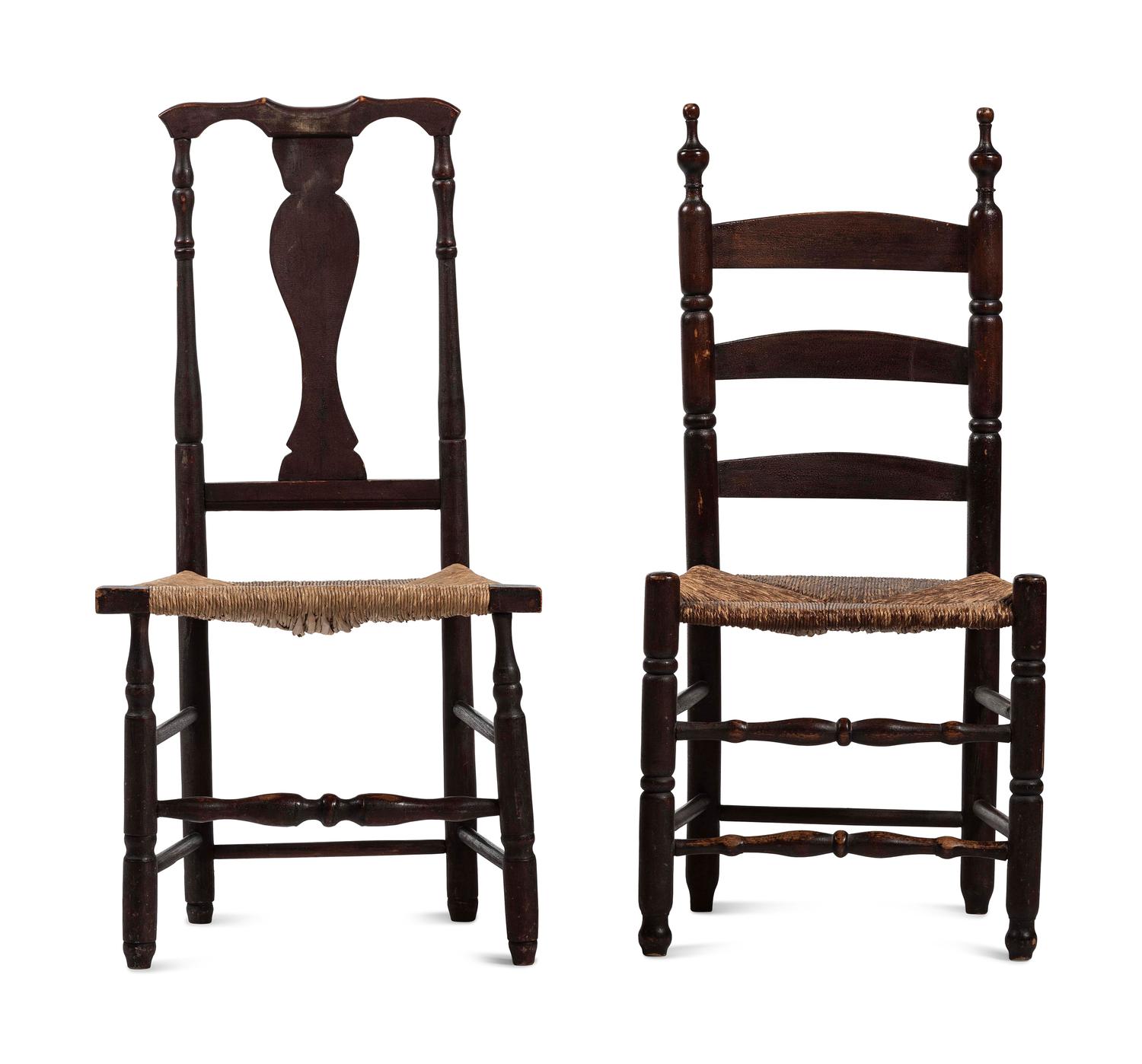 Two Turned and Brown Painted Rush-Seat Side Chairs