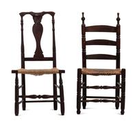 Two Turned and Brown Painted Rush-Seat Side Chairs