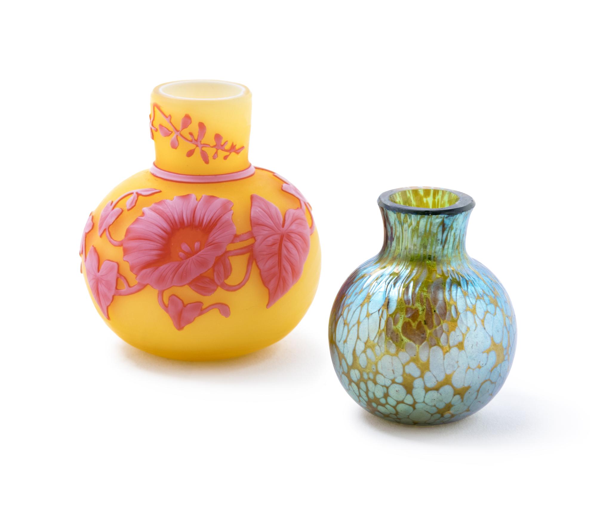 Cameo Glass Cabinet Vase, together with a Loetz-Style oil spot cabinet vase