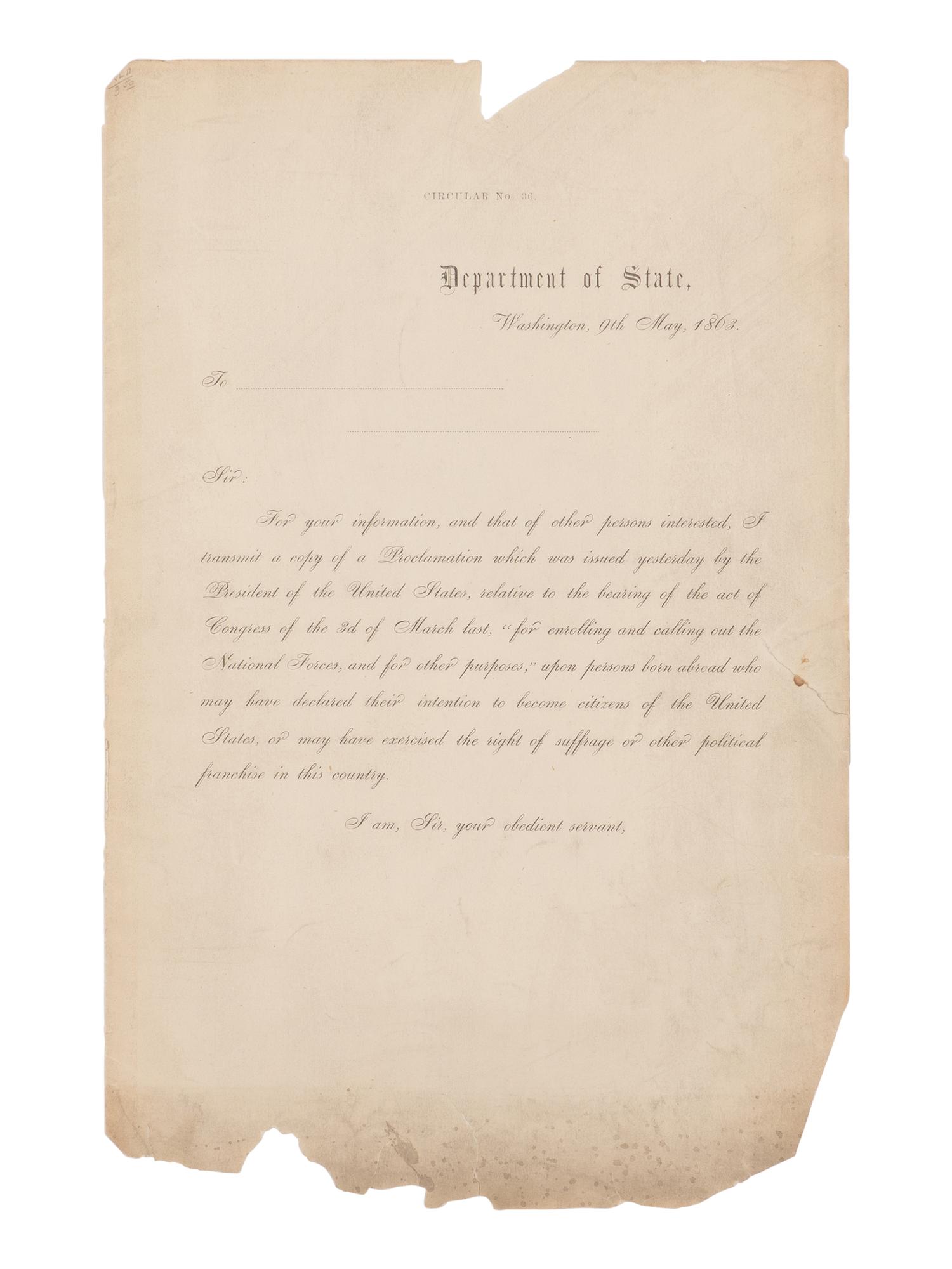 LINCOLN, Abraham (1809-1865). By the President of the United States. A Proclamation . Washington, D.C.: Department of State, 9 May 1863.