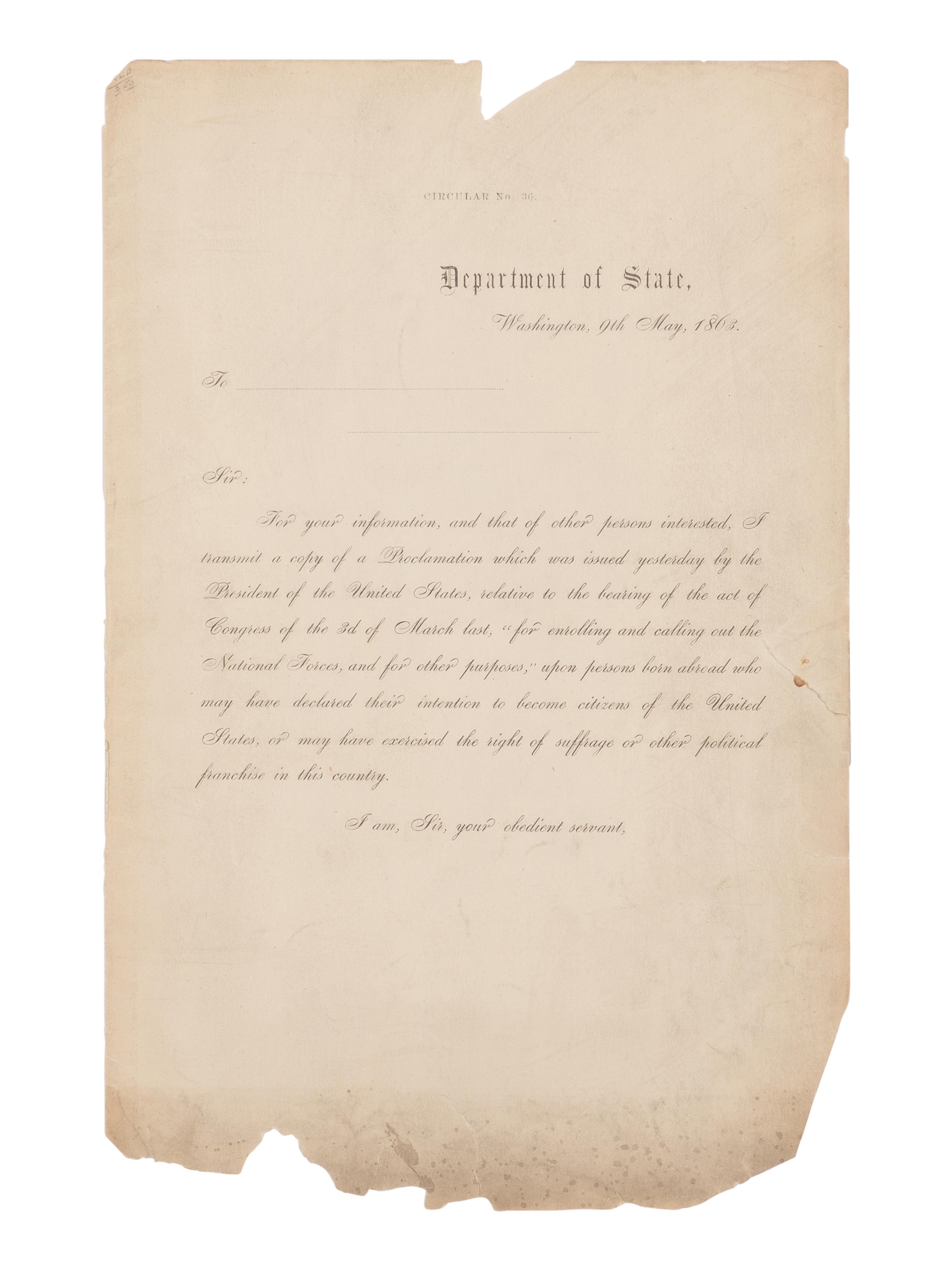 LINCOLN, Abraham (1809-1865). By the President of the United States. A Proclamation . Washington, D.C.: Department of State, 9 May 1863.